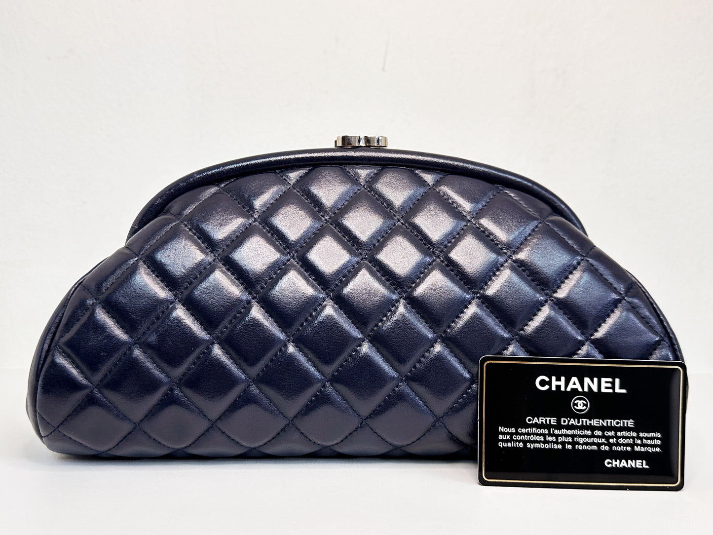 Chanel Quilted Timeless Kisslock Clutch Navy Blue Lambskin SHW 1890 holo card