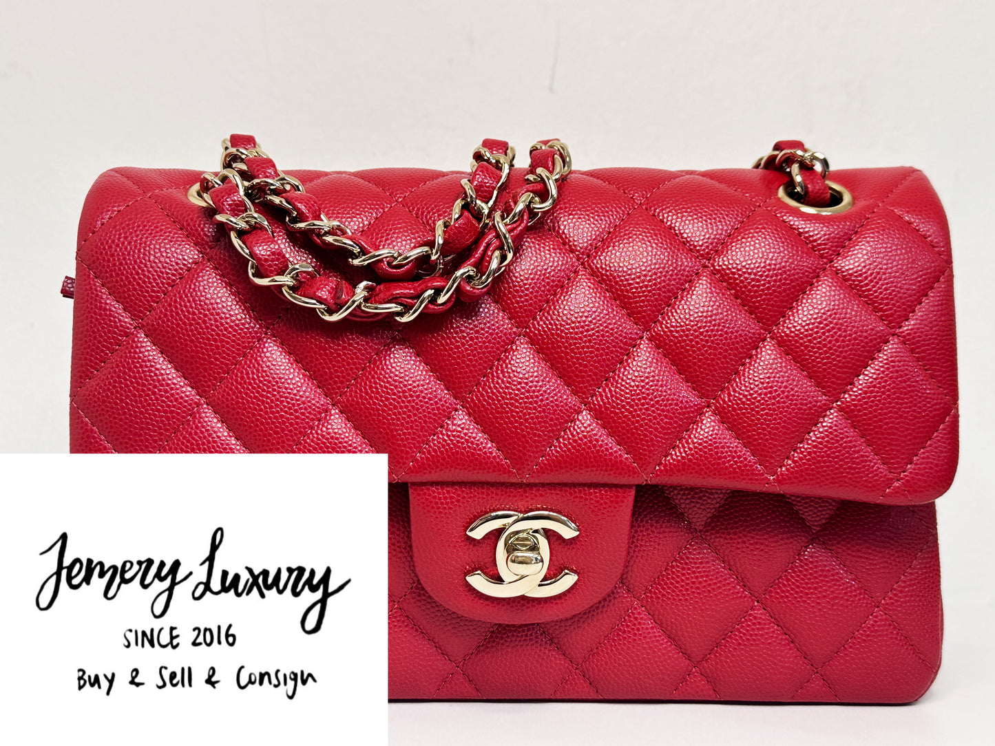 Chanel 19B Small Quilted Caviar Classic Double Flap Bag Red 2851 holo card