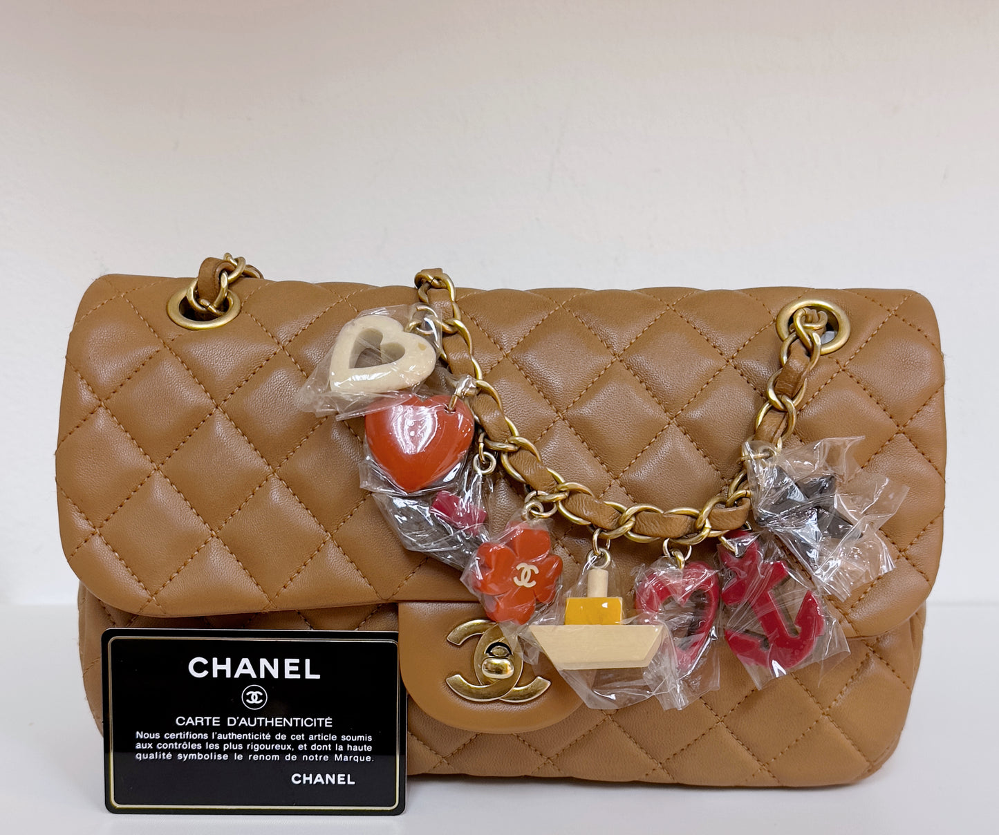Chanel Lambskin Valentine Charms Small Flap Beige 1427 holo card