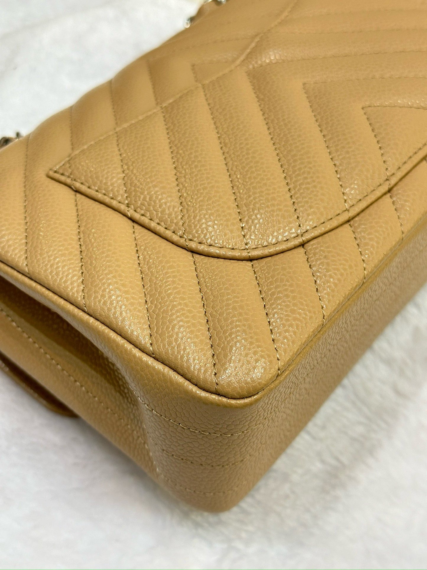 Chanel Small Classic Chevron Calfskin Double Flap Dark Beige SHW 19S 27 Holo card