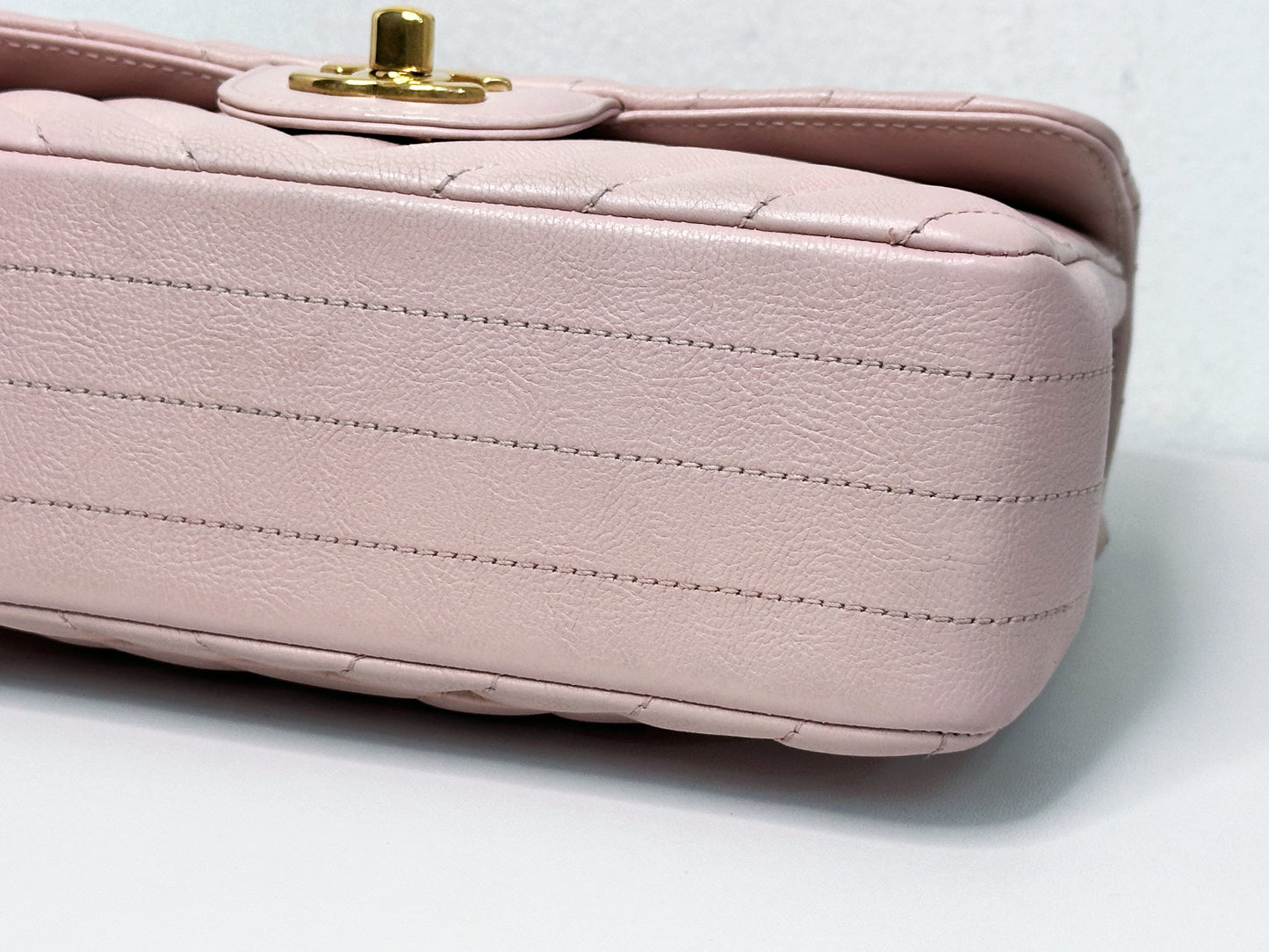 Chanel Classic Mini Rectangular 17C Light Pink Chevron Calfskin with brushed gold hardware 2383 holo card