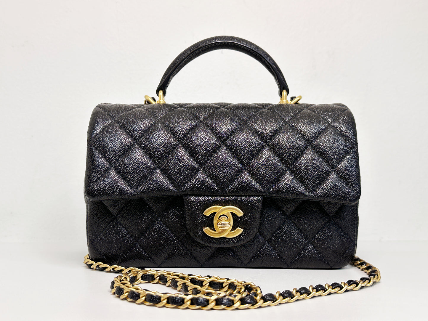 Chanel Mini Rectangular Top Handle Flap Bag Black Caviar GHW 3129 holo card