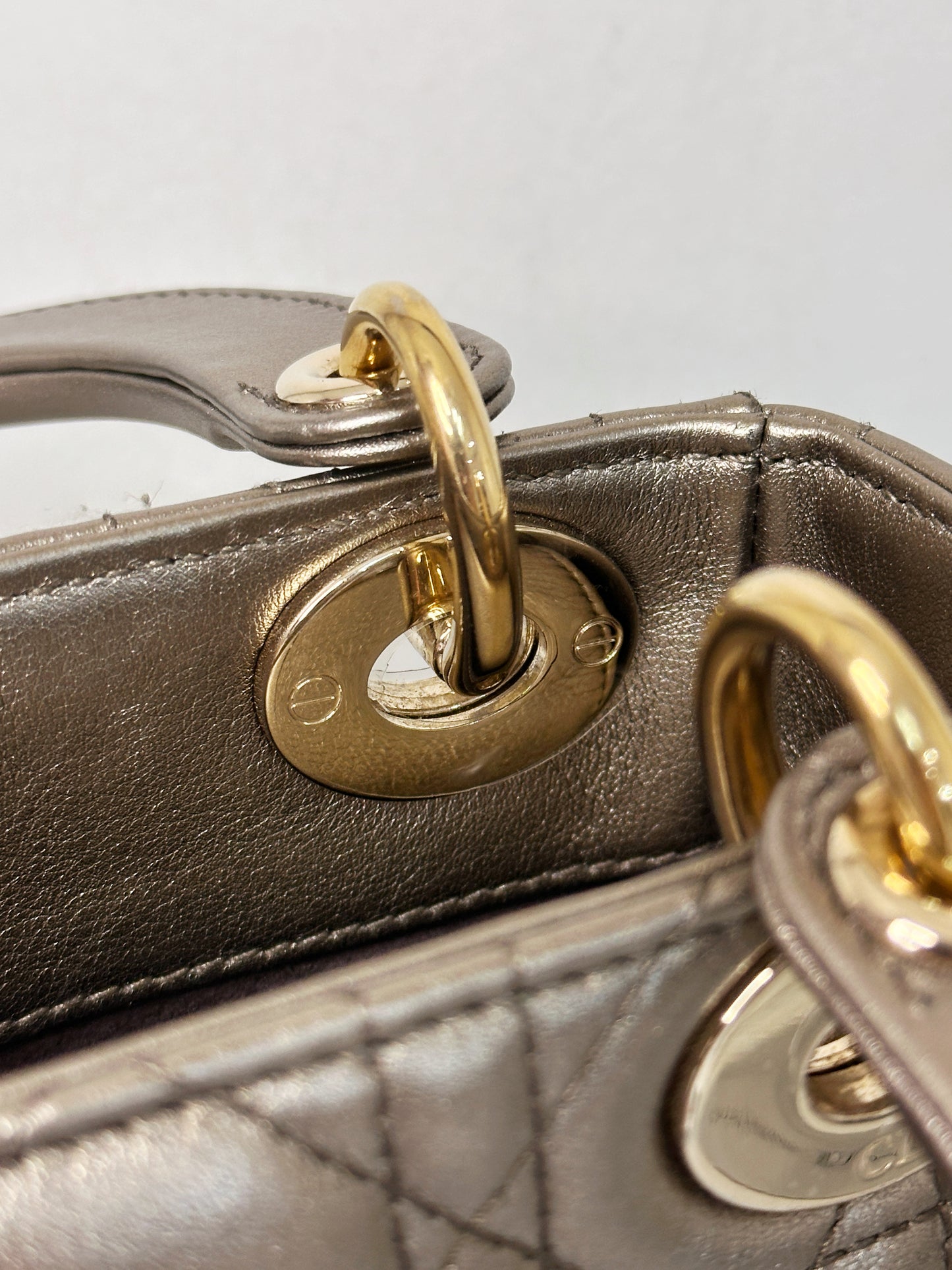 CHRISTIAN DIOR LADY MINI CALFSKIN CANNAGE BRONZE METALLIC GOLDEN HARDWARE CHAIN STRAP