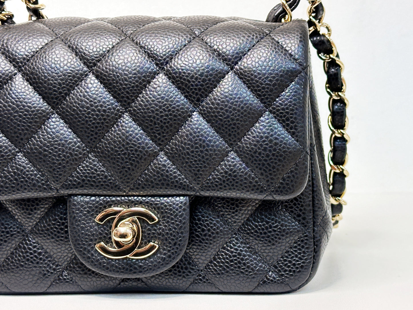 Chanel Mini Square Classic Quilted Caviar Single Flap Bag Black LGHW 2564 holo card