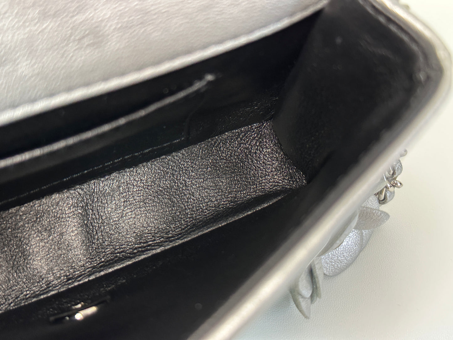 Chanel Mini Camellia Lambskin Shiny Silver SHW 2245 holo