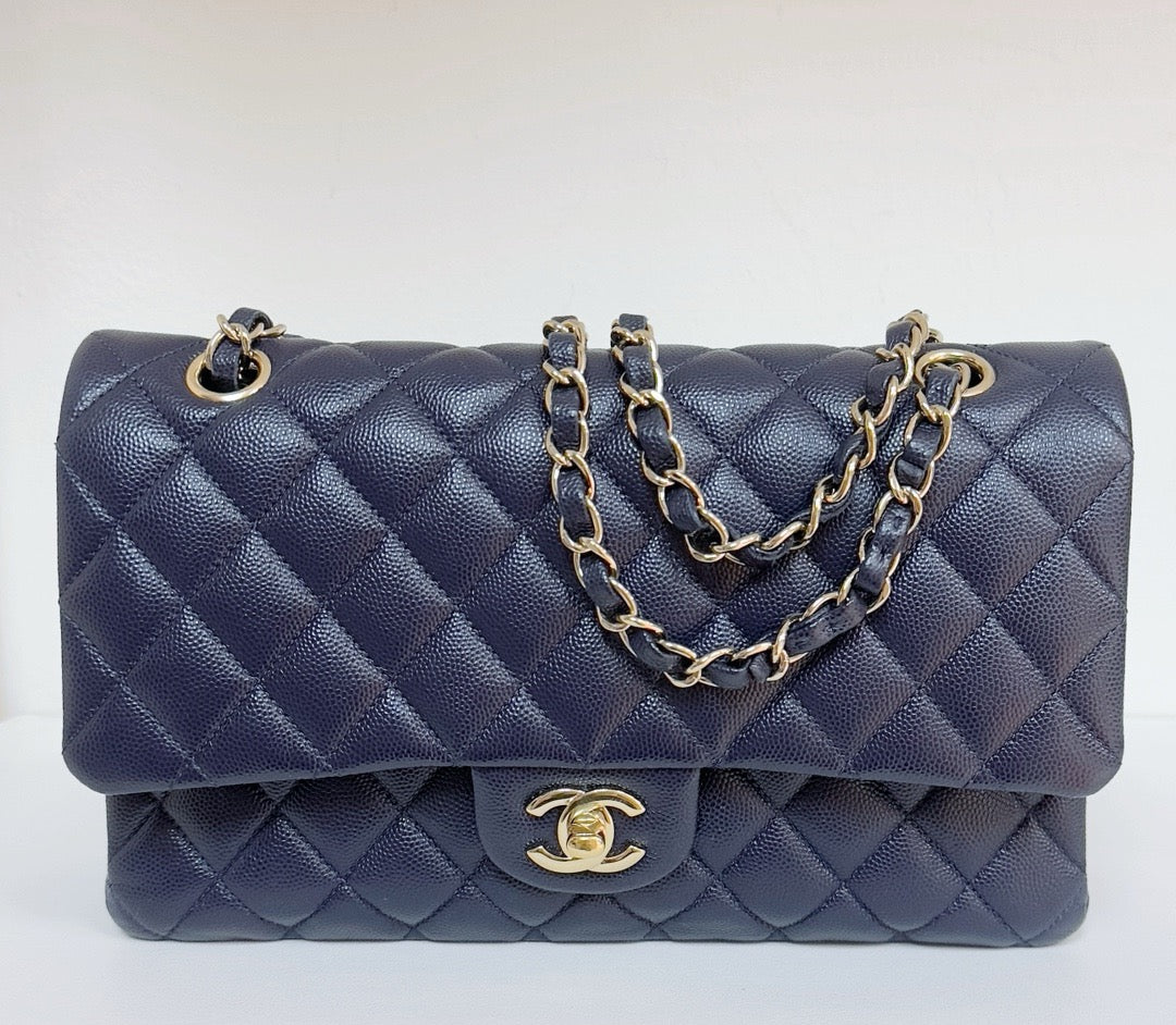 Chanel Medium Classic Caviar Double Flap Navy Blue Bag LSHW 2021year Microchip