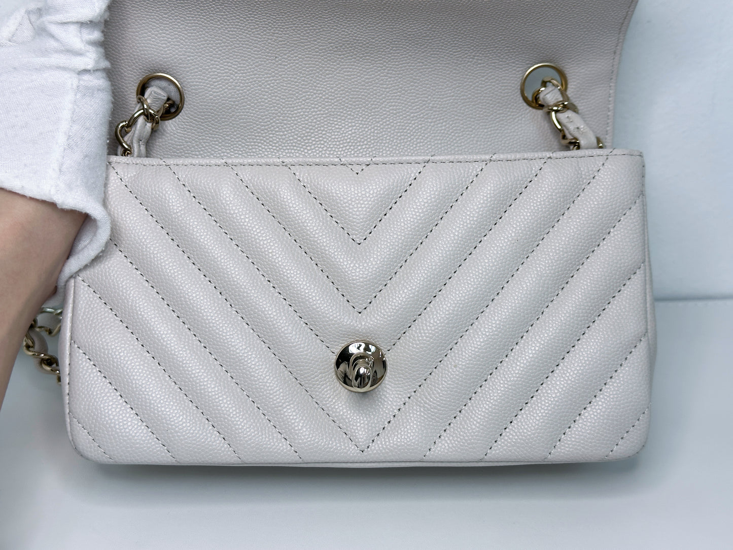 Chanel Mini Rectangle Chevron Blush Hue Light Beige Flap Bag LGHW