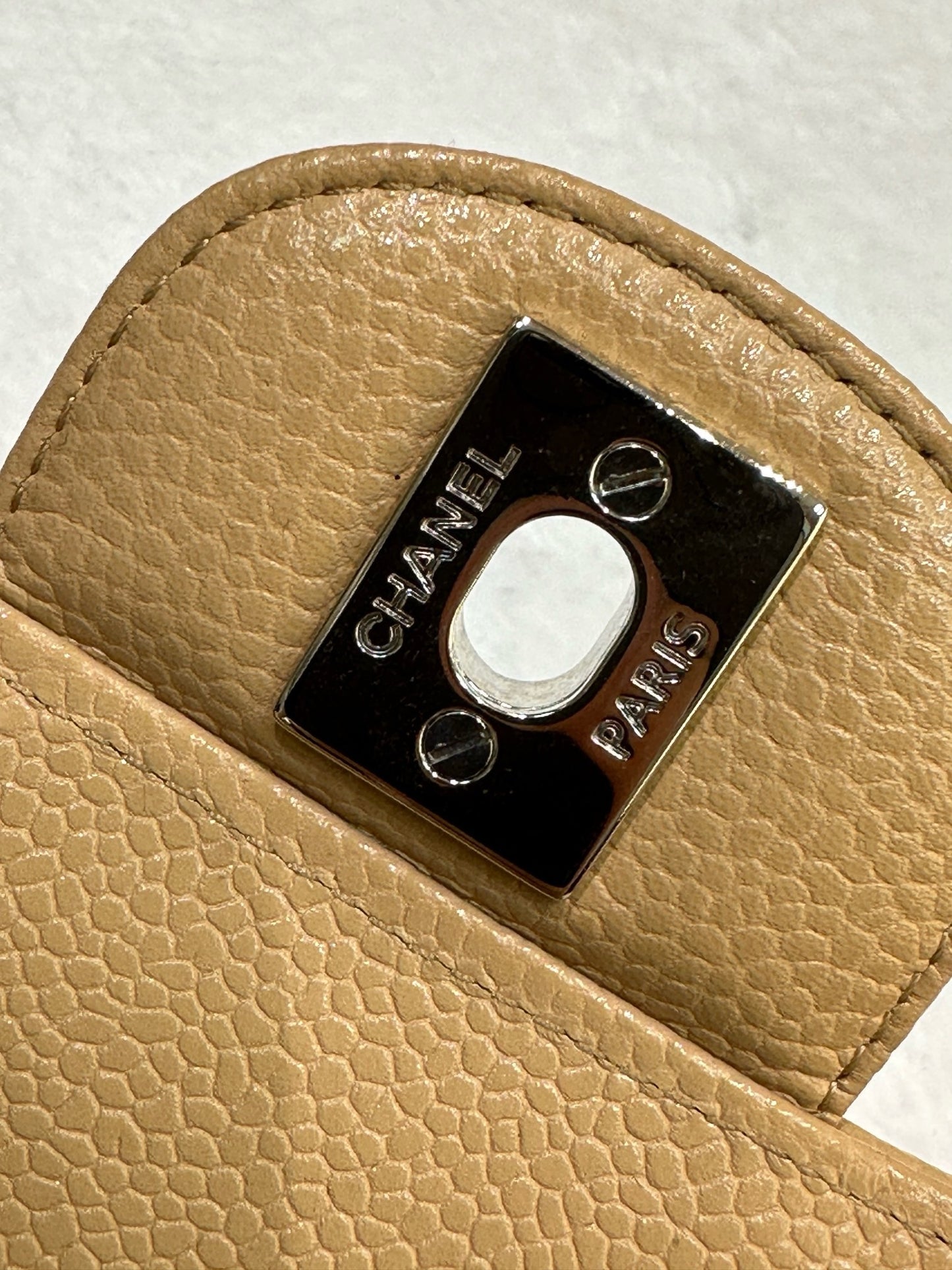 Chanel Small Classic Chevron Calfskin Double Flap Dark Beige SHW 19S 27 Holo card