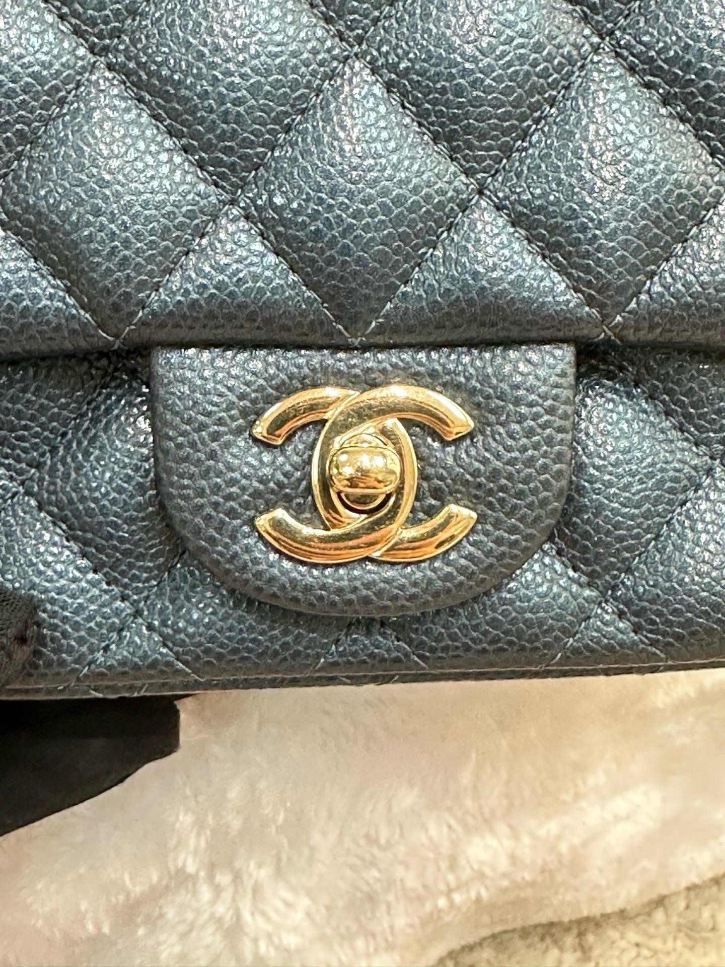 Chanel Mini Square Quilted Caviar Flap Bag Blue GHW 2581 Holo card