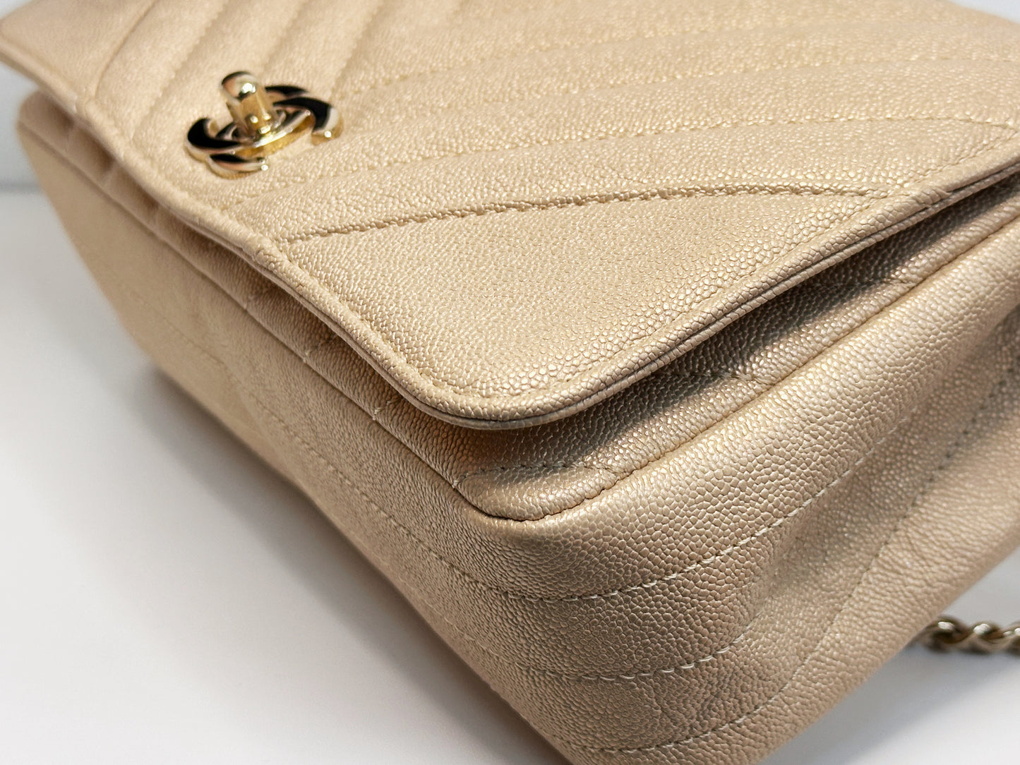 Chanel Mini Statement Metallic Caviar Chevron Quilted Flap Beige LGHW 2835 holo card