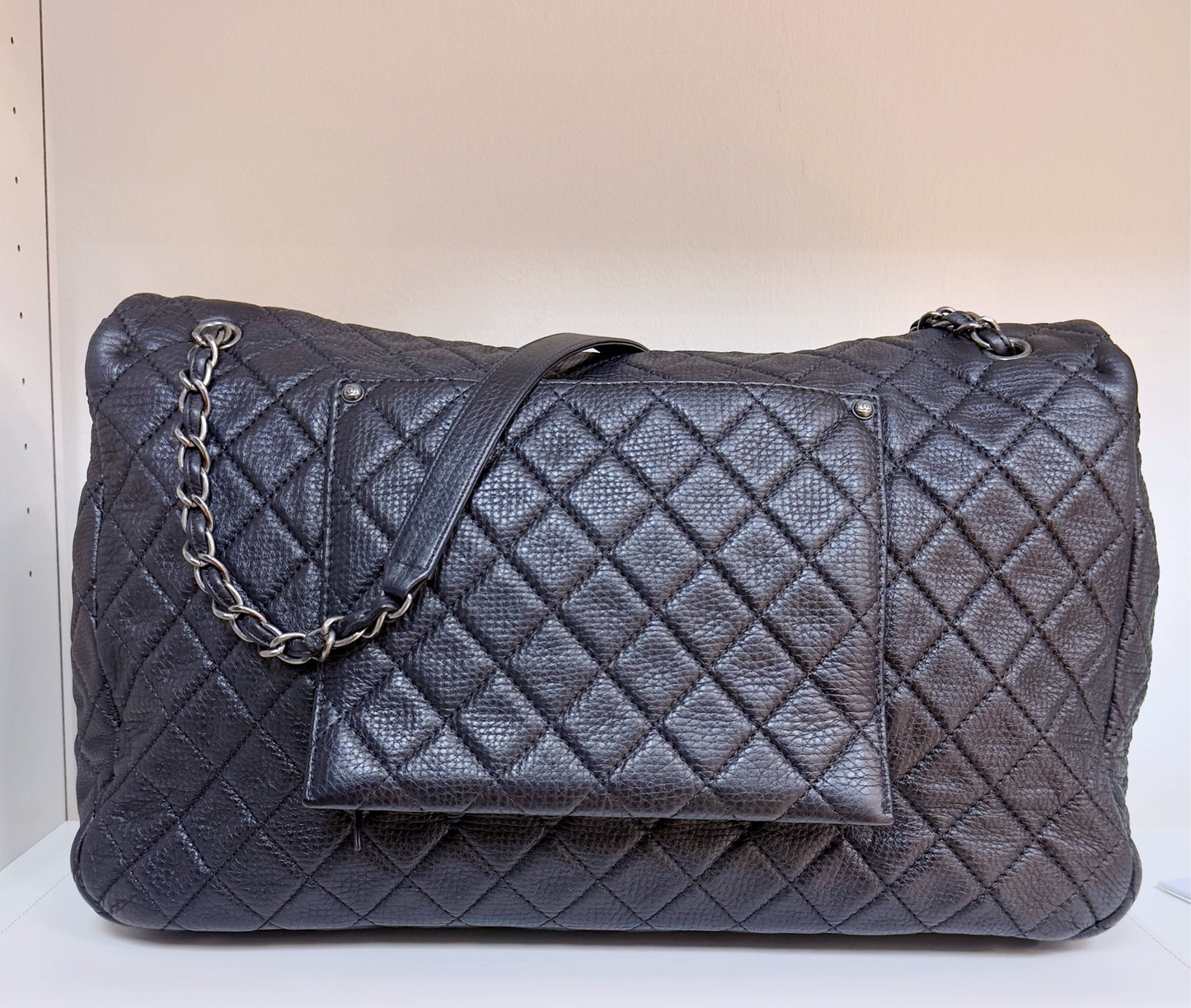 Chanel Calfskin Quilted XXL Travel Flap Bag Black 3038 holo card