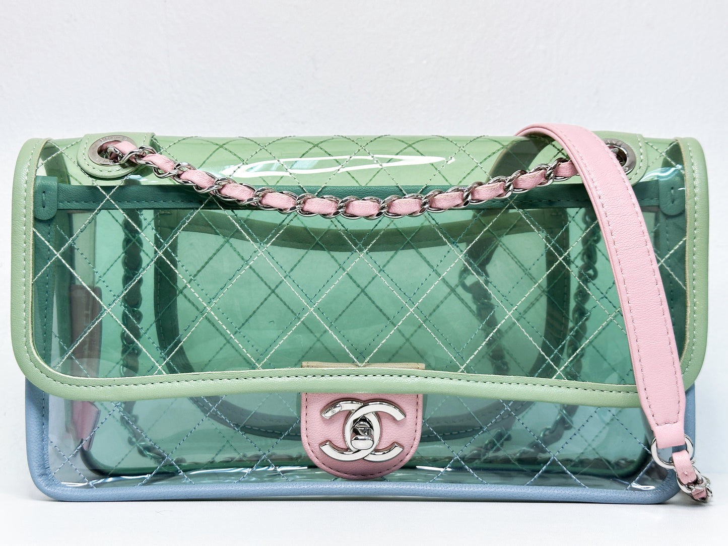 Chanel Coco Splash PVC Medium Flap Bag Green/Blue/Pink 2549 holo card