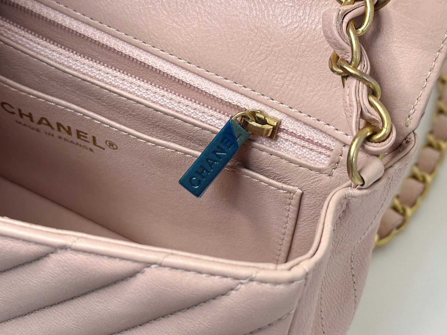 Chanel Classic Mini Rectangular 17C Light Pink Chevron Calfskin with brushed gold hardware 2383 holo card
