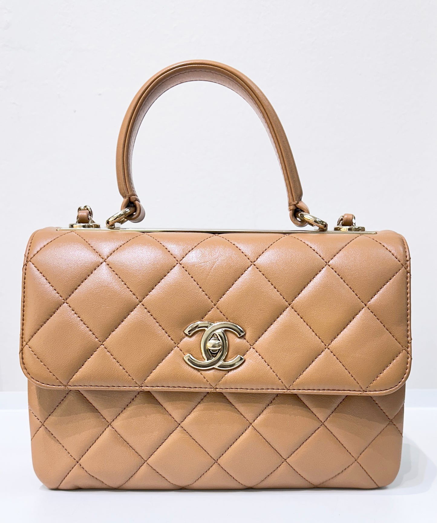 CHANEL Lambskin Quilted Small Trendy CC Flap Dual Handle Bag Camel 19K