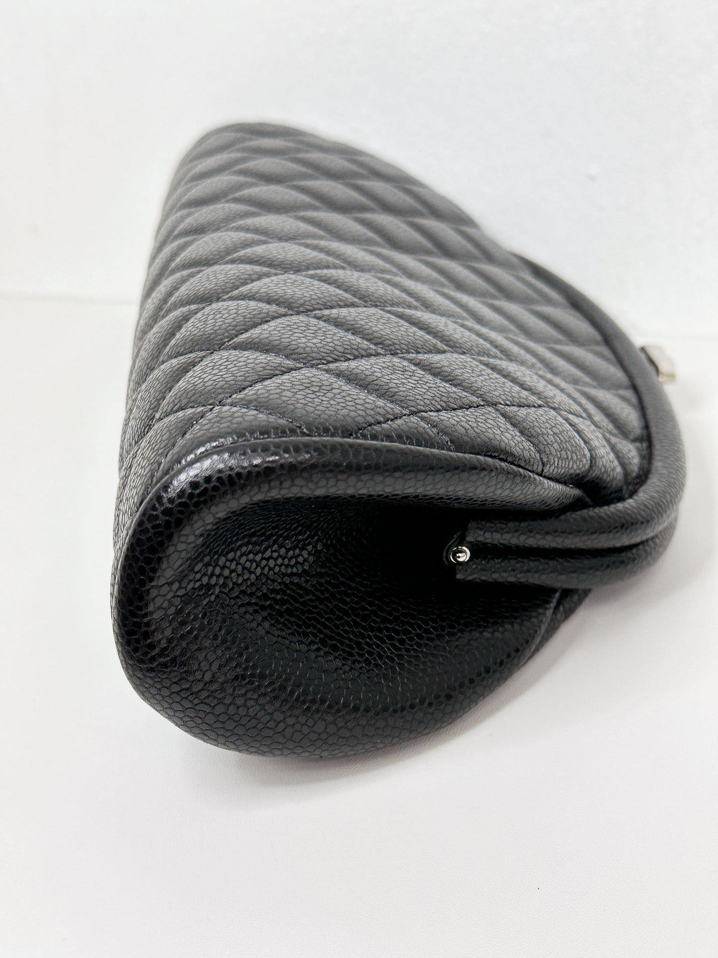 Chanel Quilted Timeless Kisslock Clutch Black Caviar SHW 1915 holo card