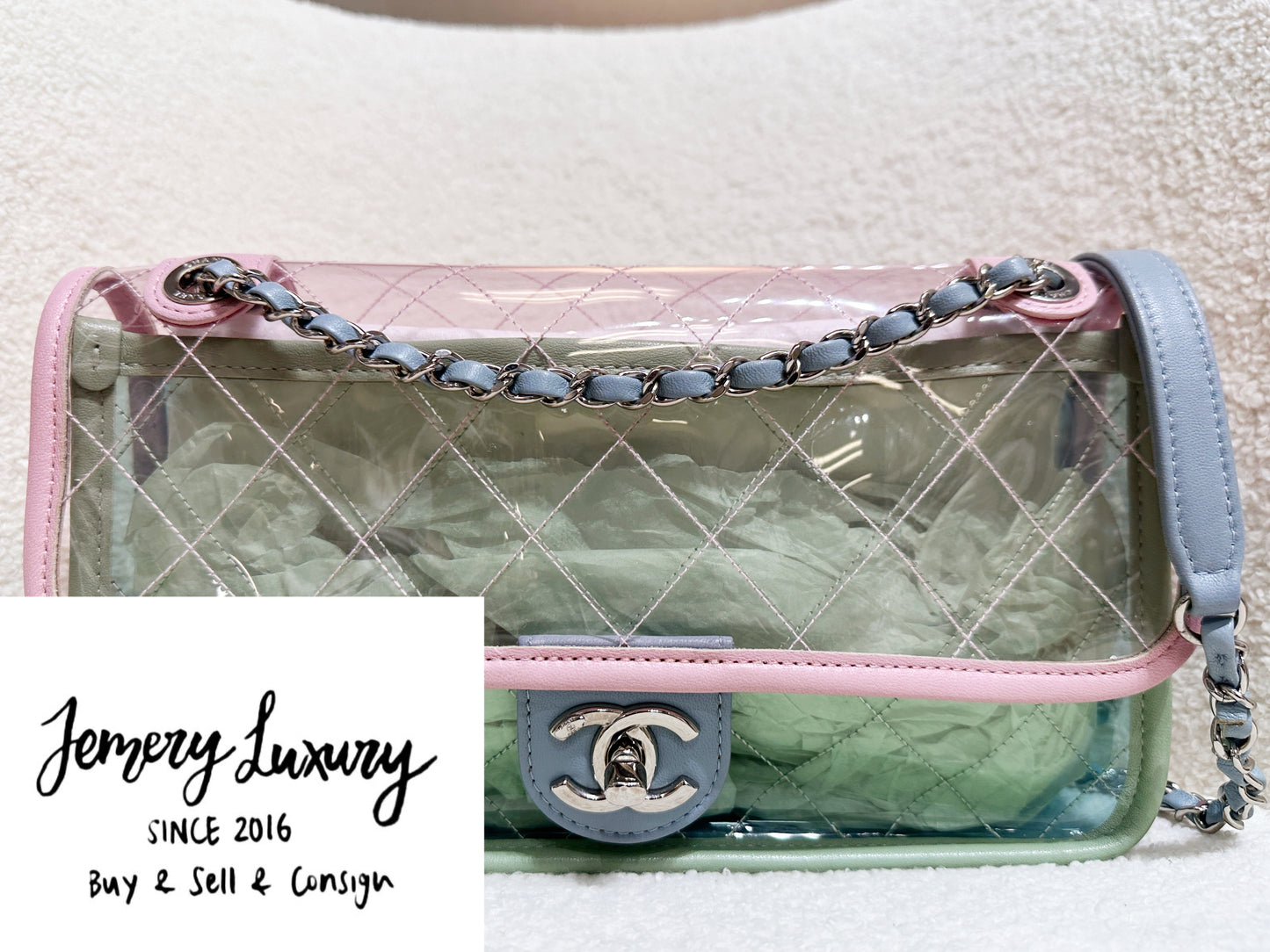 Chanel Coco Splash PVC Medium Flap Bag Pink/Green/Blue 254 holo card