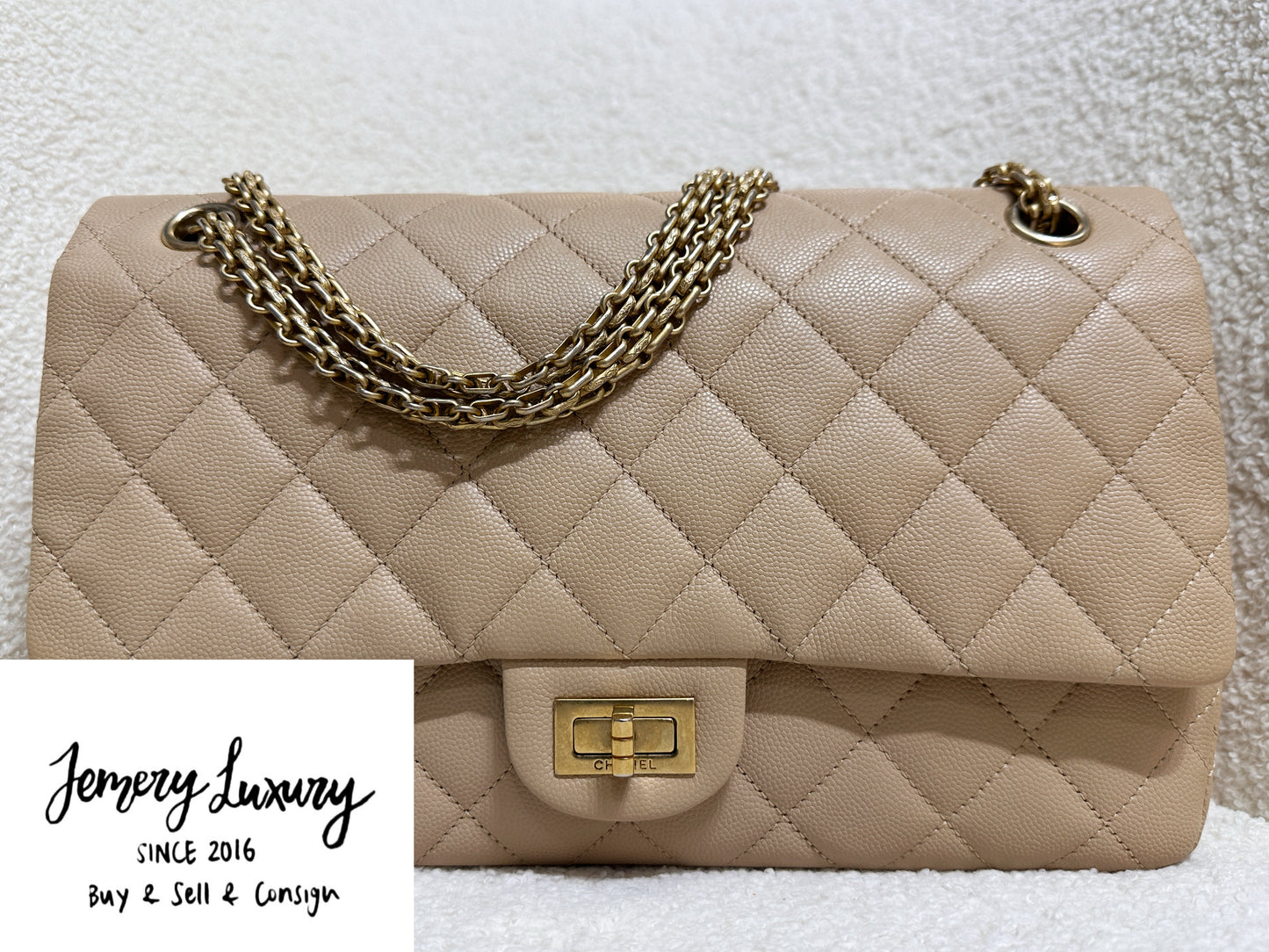 Chanel Classic Quilted Caviar 2.55 Reissue Flap Bag Beige 226 2353 holo card