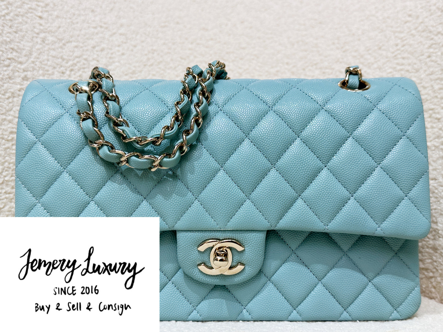 Chanel Classic Flap Medium 20C Tiffany Blue Caviar Light Gold Hardware 294 holo card