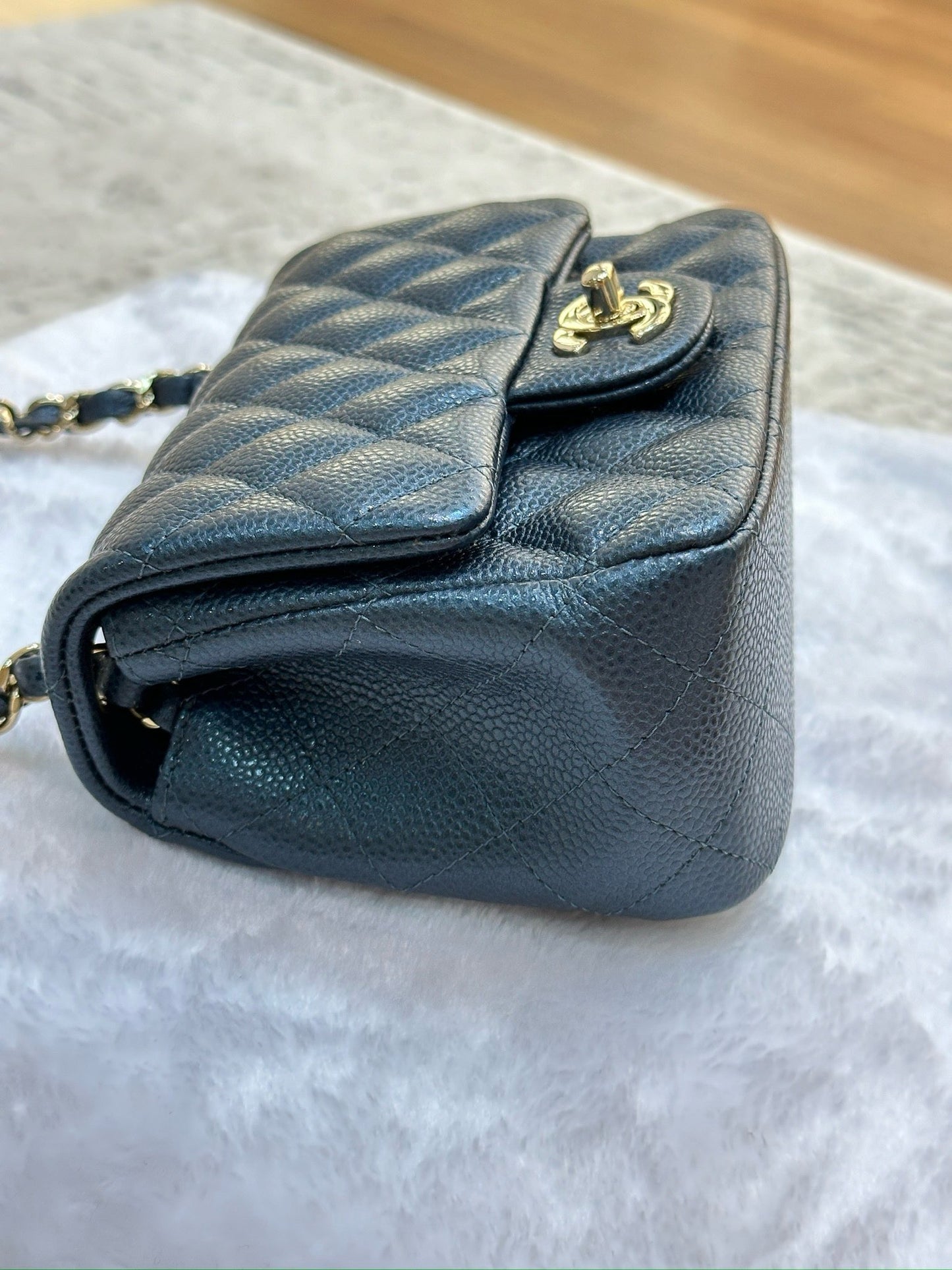 Chanel Mini Square Quilted Caviar Flap Bag Blue GHW 2581 Holo card
