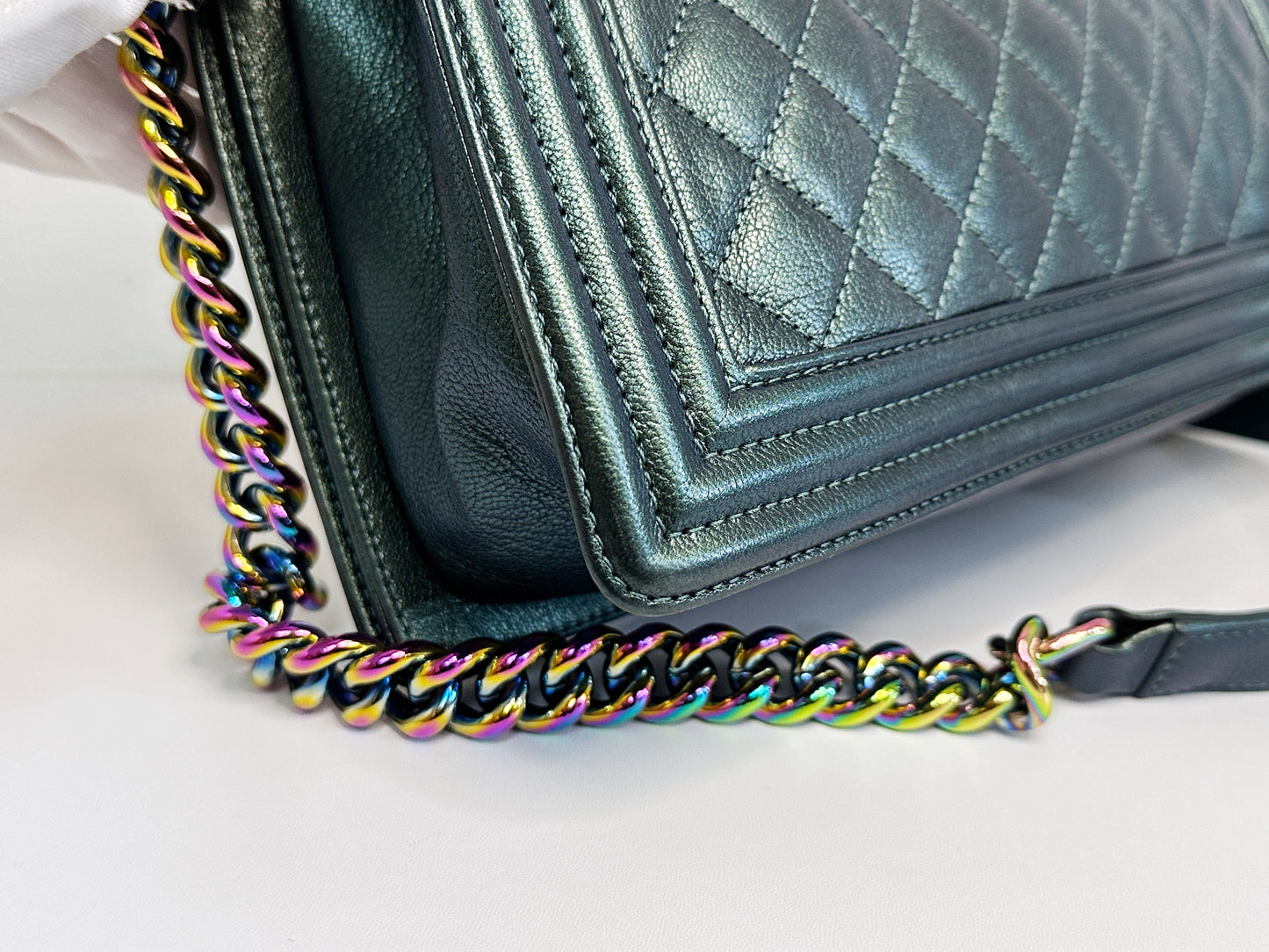 Chanel Iridescent Goatskin Quilted Medium LeBoy Flap Green 2176 holo
