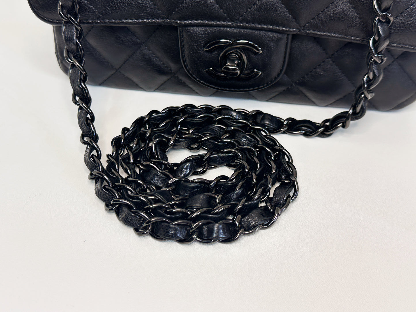 Chanel Quilted Mini Rectangular Flap So Black Crumpled Calfskin Bag 2400 holo card