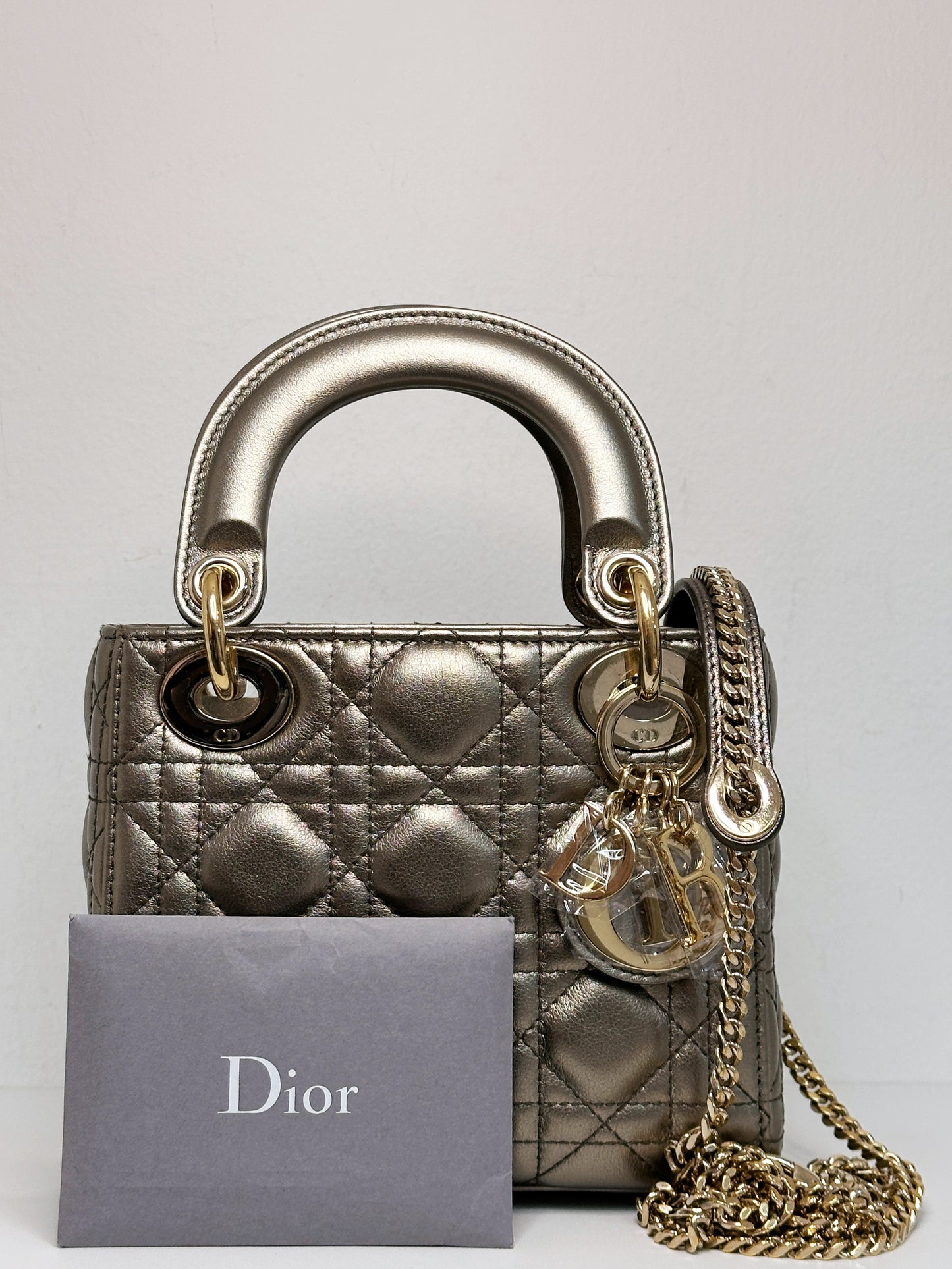 CHRISTIAN DIOR LADY MINI CALFSKIN CANNAGE BRONZE METALLIC GOLDEN HARDWARE CHAIN STRAP