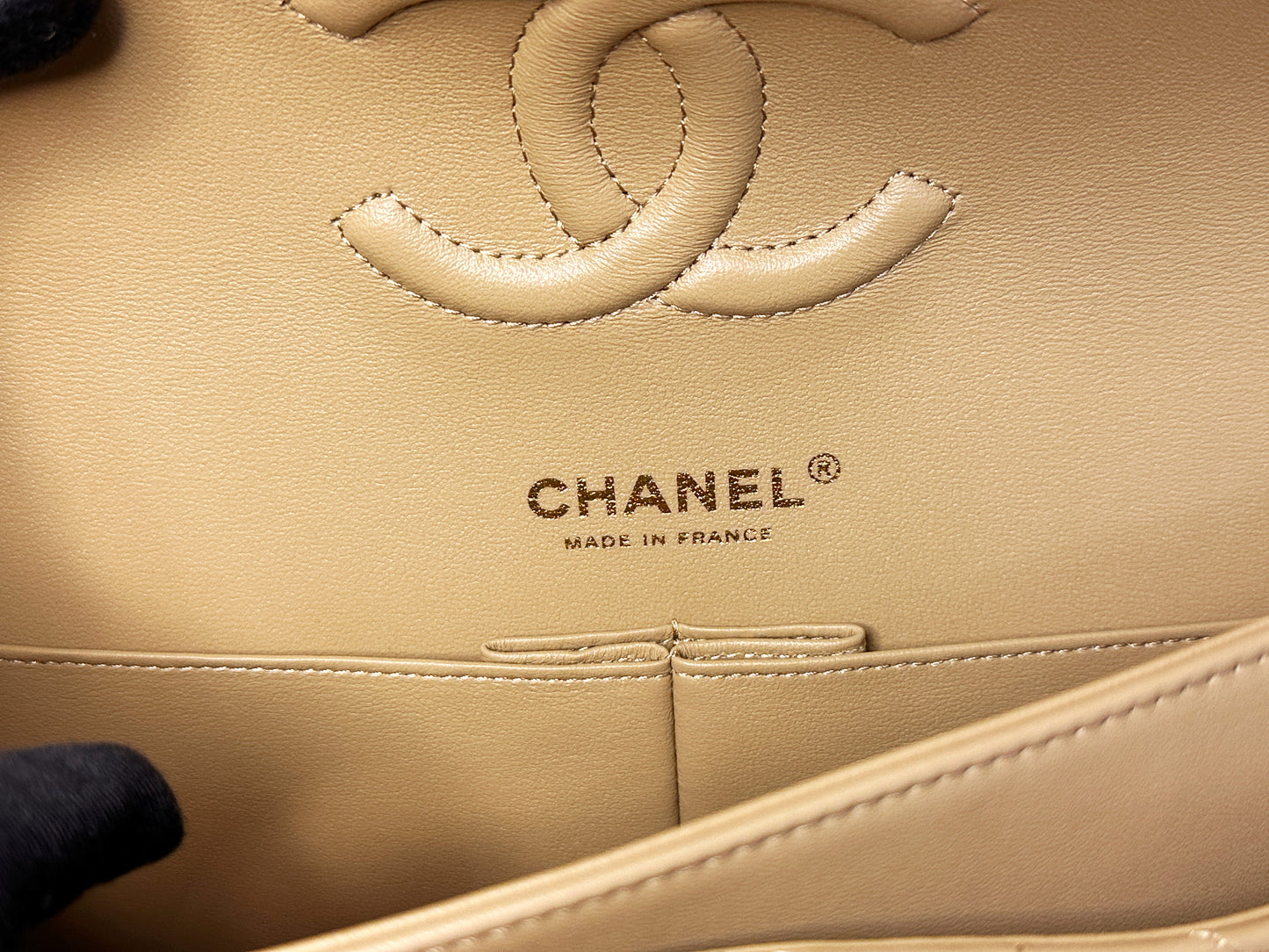 Chanel 22B Lambskin Classic Quilted Double Flap Medium LGHW Dark beige HH9G microchip