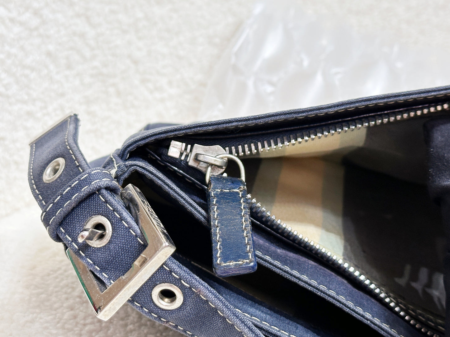 Fendi Mamma Baguette Canvas Shoulder Bag Navy blue