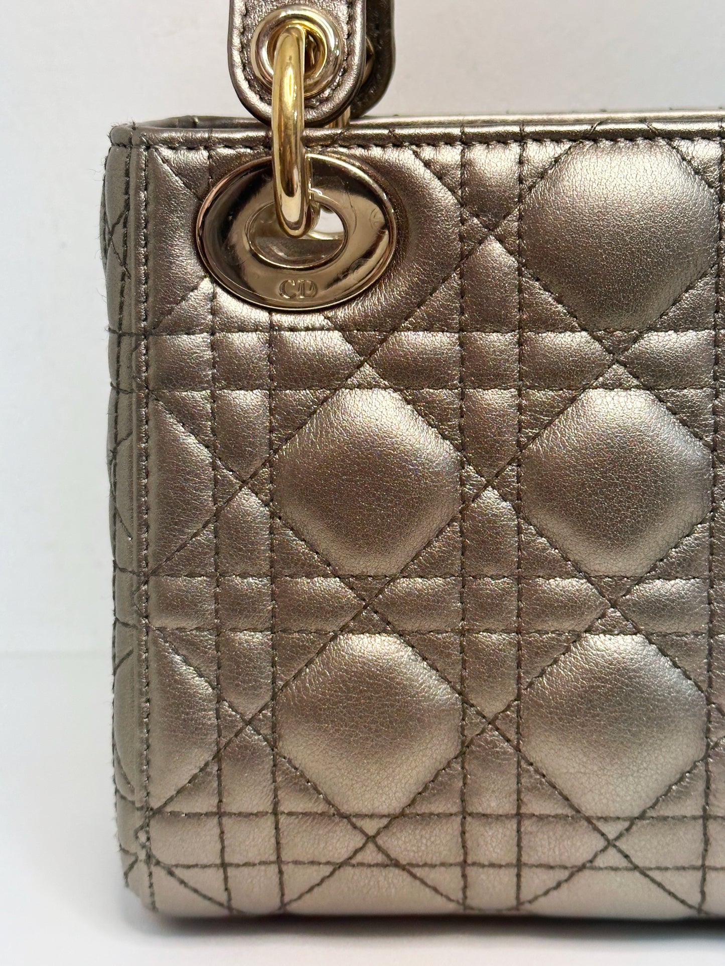 CHRISTIAN DIOR LADY MINI CALFSKIN CANNAGE BRONZE METALLIC GOLDEN HARDWARE CHAIN STRAP