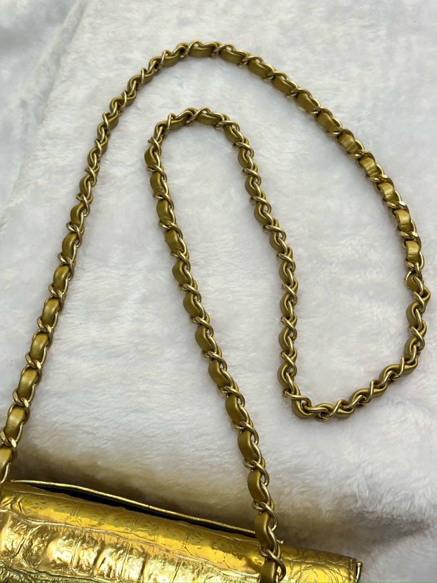 Chanel Mini Calfskin Crocodile Embossed Rectangular Gold Metallic Flap Bag