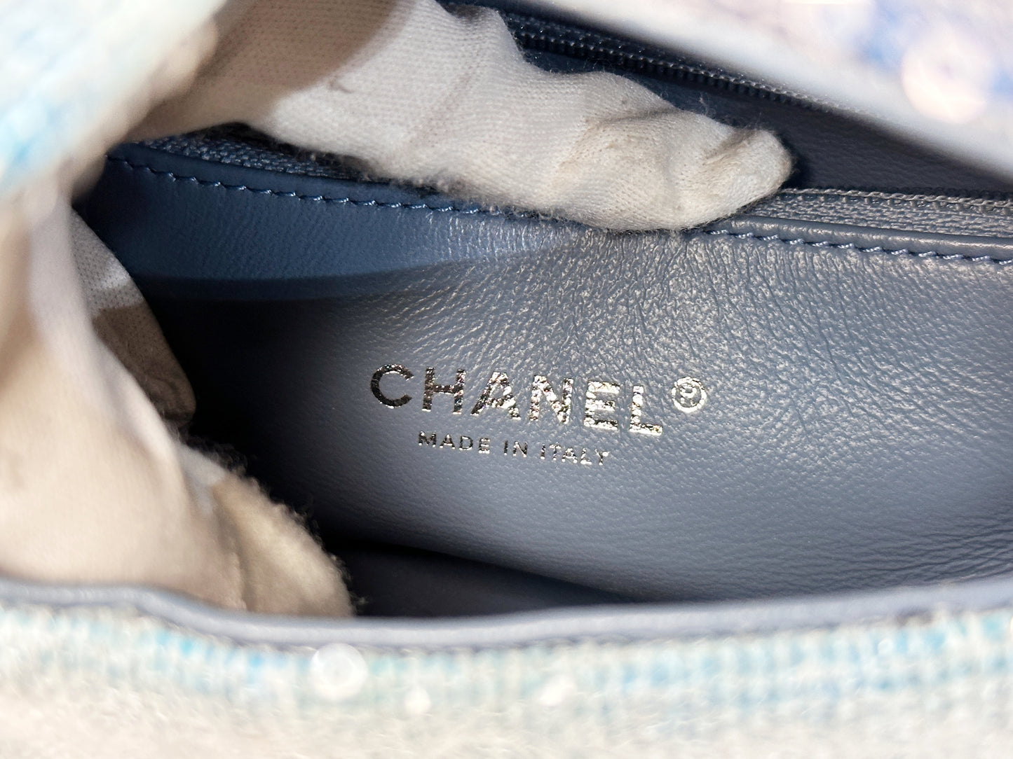 Chanel Sequin Mini Waterfall Light Blue Flap Bag 2590 holo card