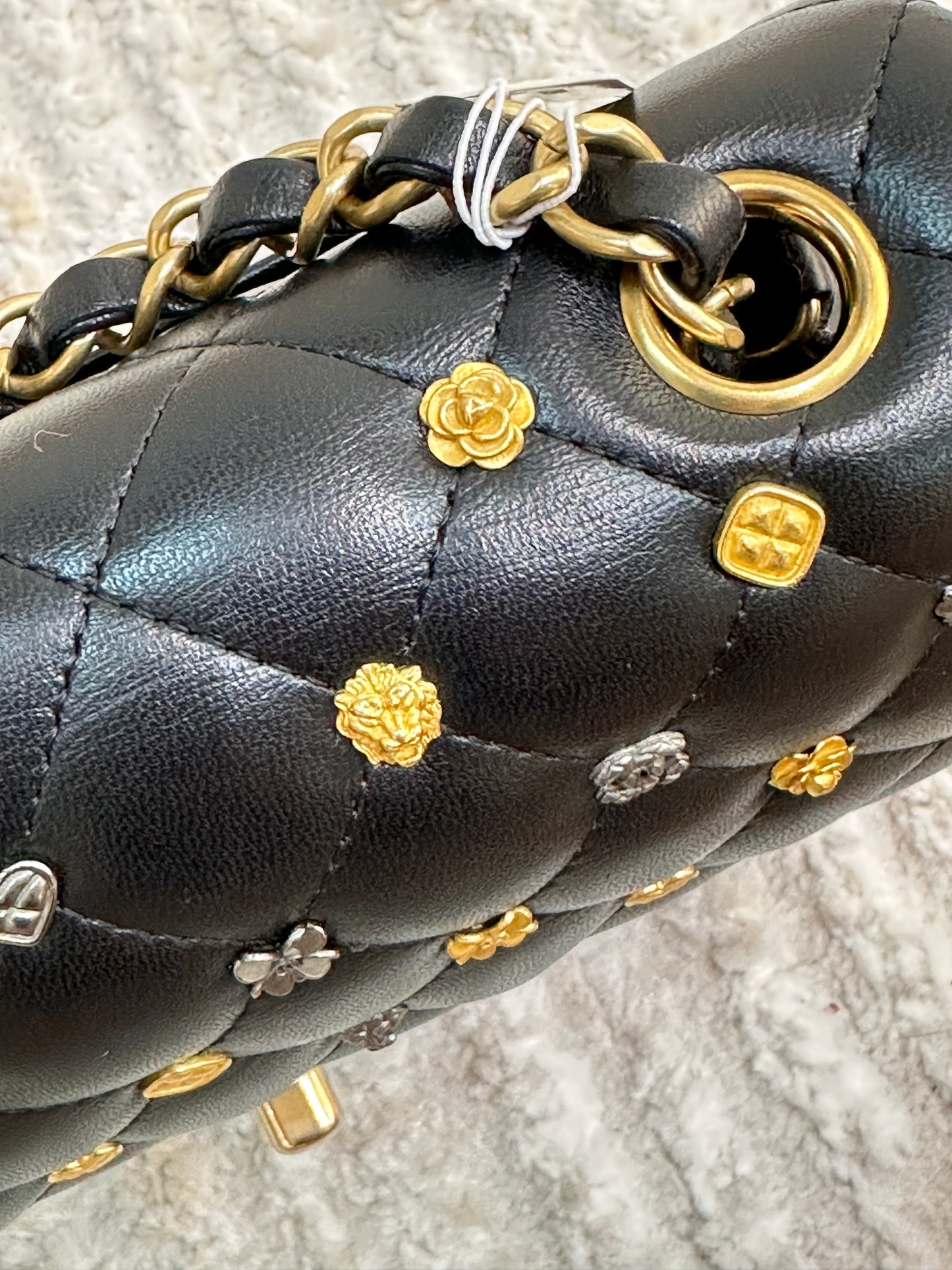 CHANEL Lambskin Quilted Studded Mini Rectangular Flap Black