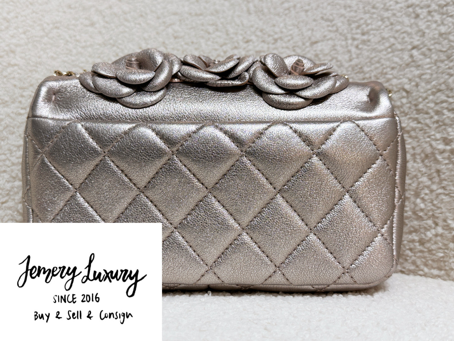 Chanel Camellia Mini Metallic Rose Gold/Pink Lambskin Gold Hardware 2487 holo card