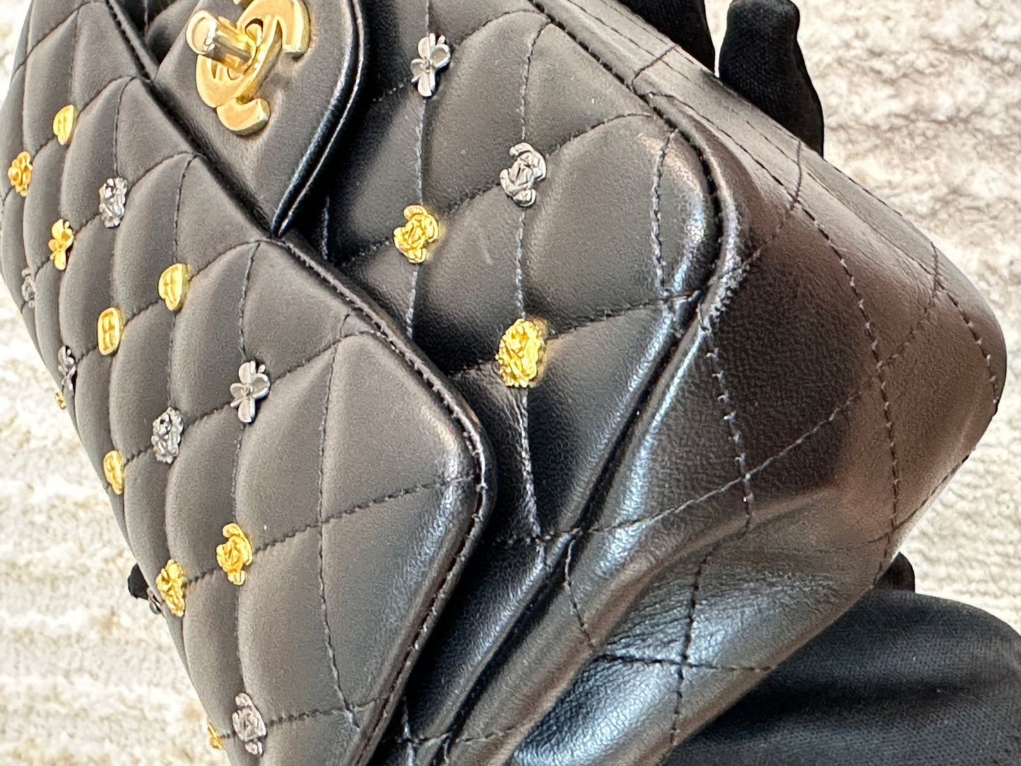 CHANEL Lambskin Quilted Studded Mini Rectangular Flap Black