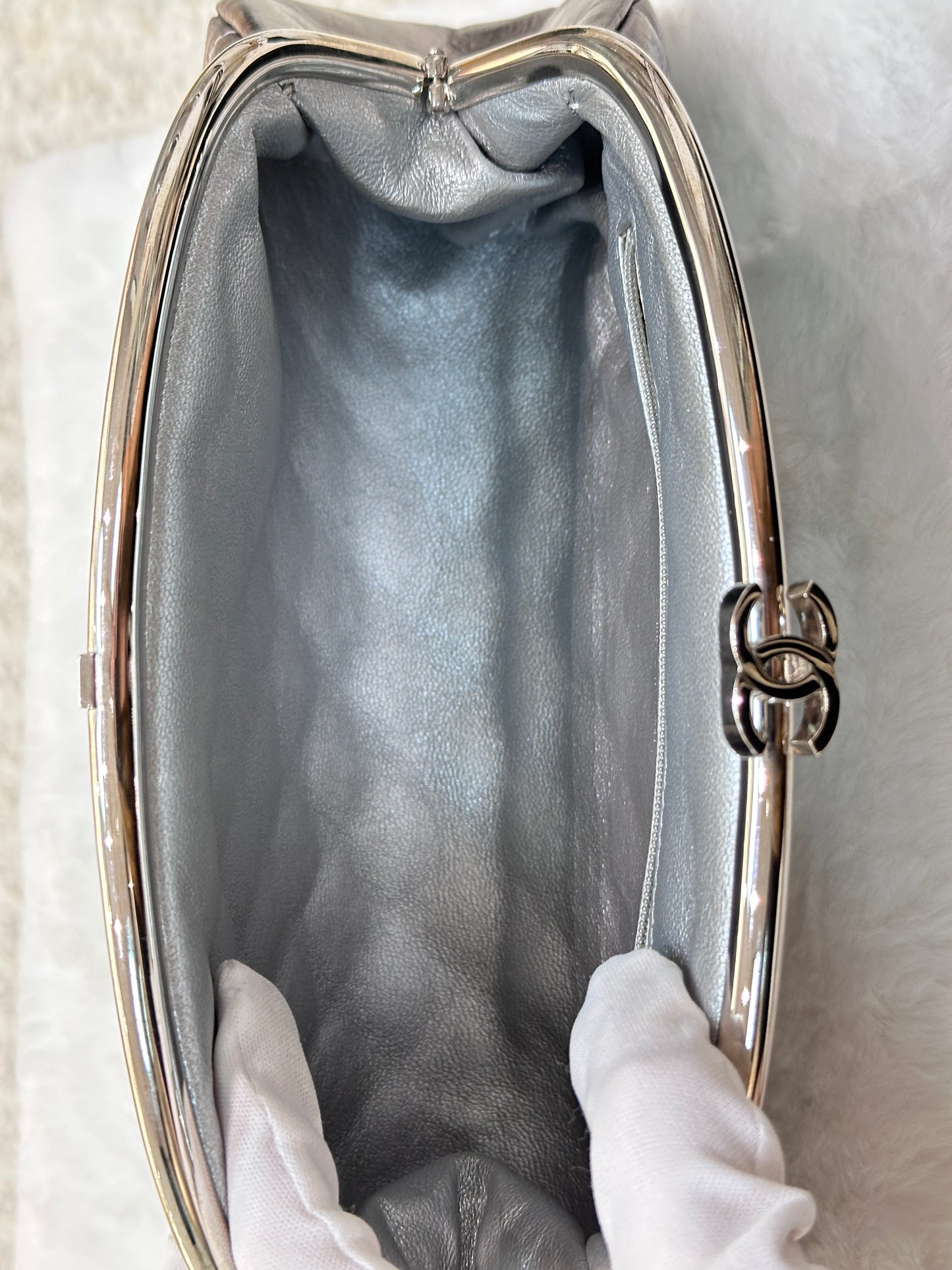 CHANEL Metallic Aged Calfskin Quilted Timeless Clutch Silver