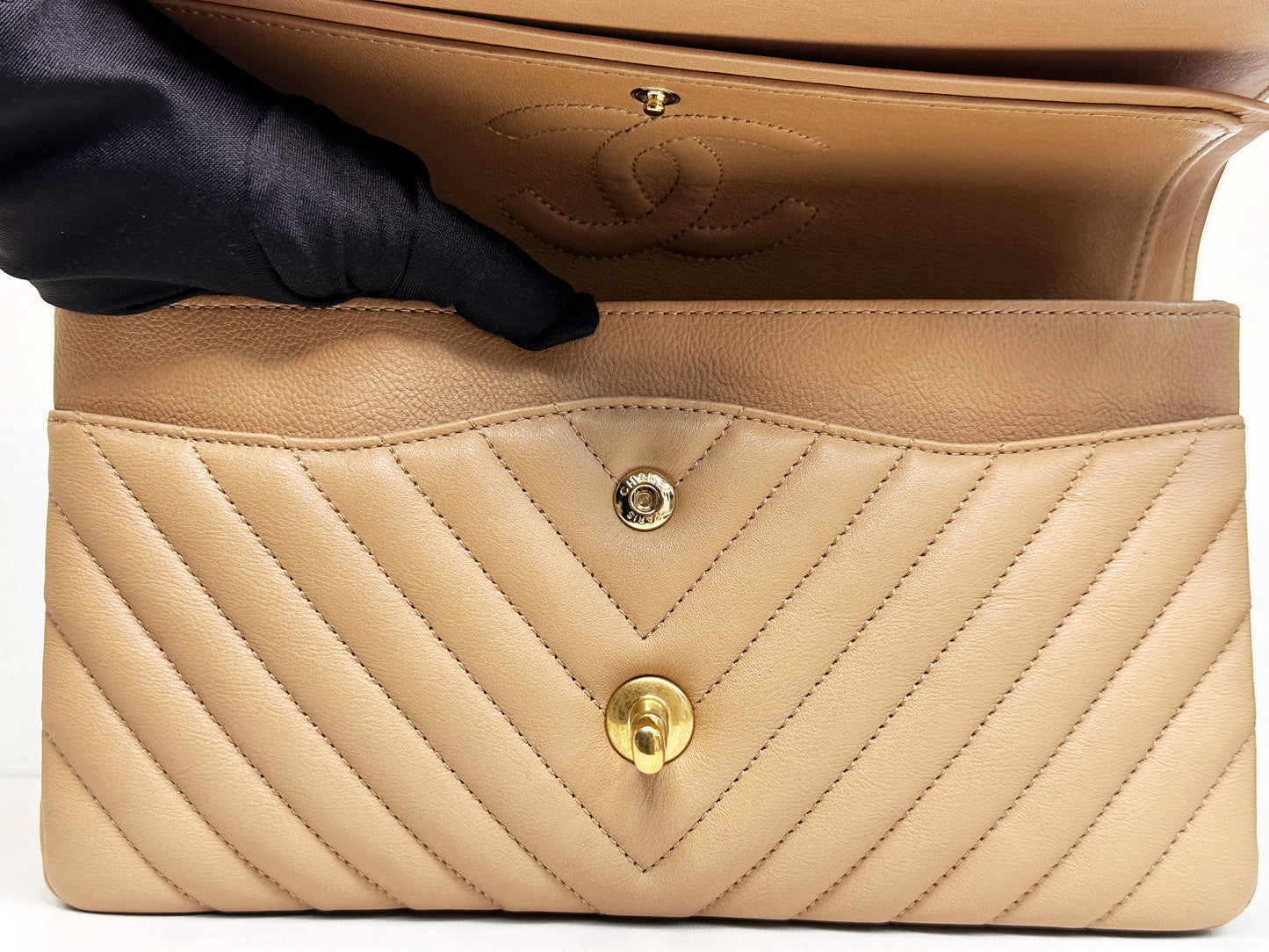 Chanel Calfskin Chevron Quilted Medium Double Flap Beige 2383 holo card