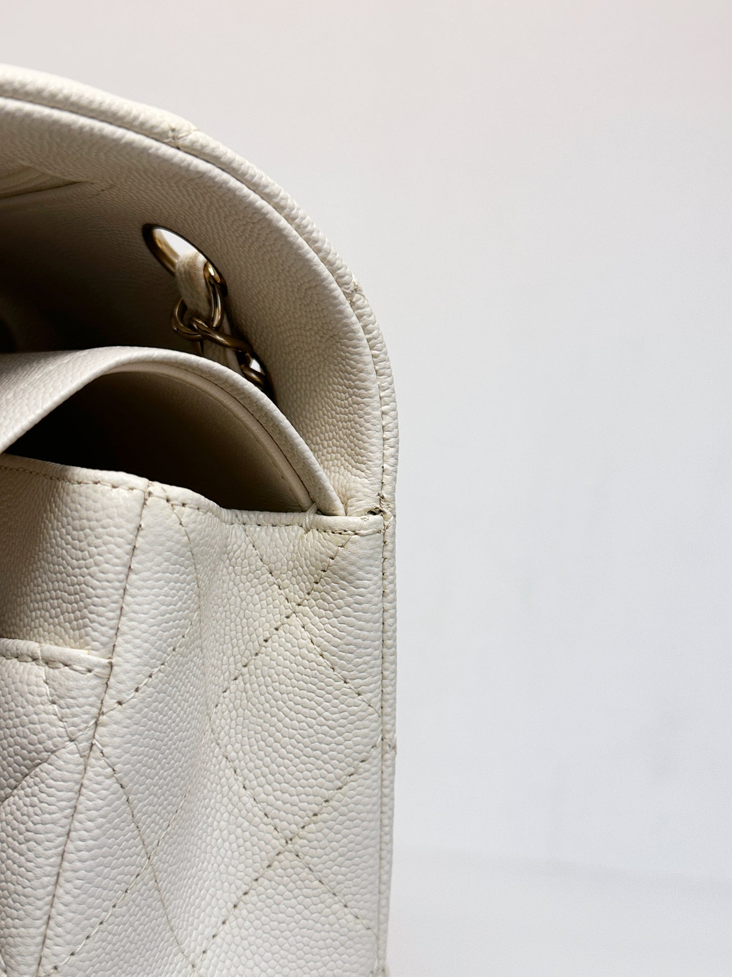 Chanel Medium Caviar Classic Quilted Double Flap White Light Beige Bag LGHW L45J microchip