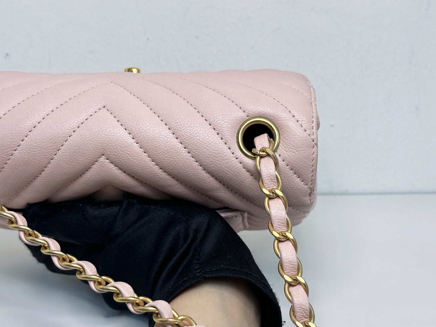 Chanel Classic Mini Rectangular 17C Light Pink Chevron Calfskin with brushed gold hardware 2383 holo card