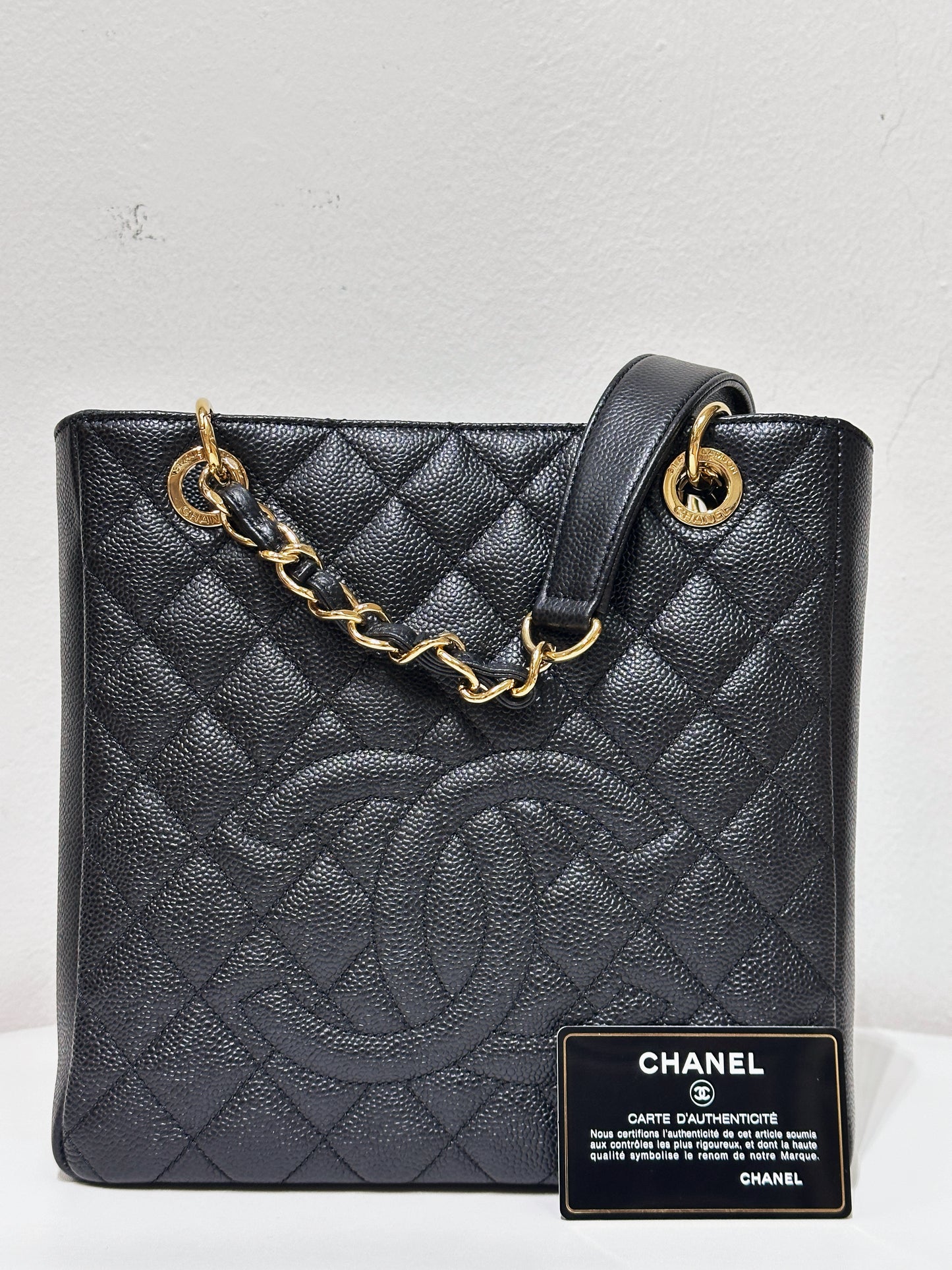 Chanel Caviar Quilted Petit Shopping Tote PST Black GHW 1608 holo card