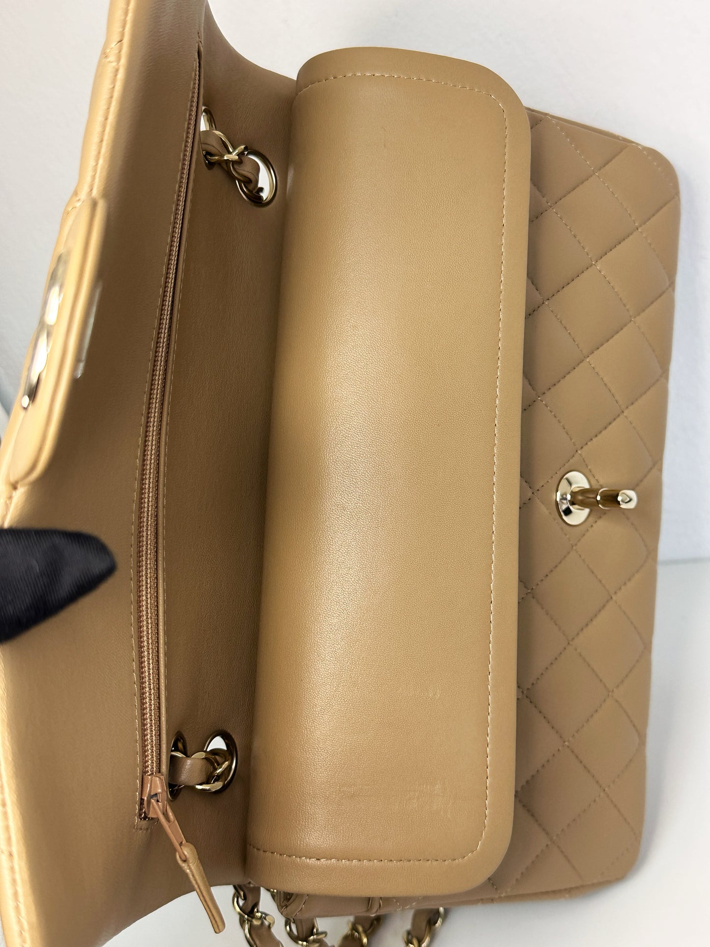 Chanel 22B Lambskin Classic Quilted Double Flap Medium LGHW Dark beige HH9G microchip