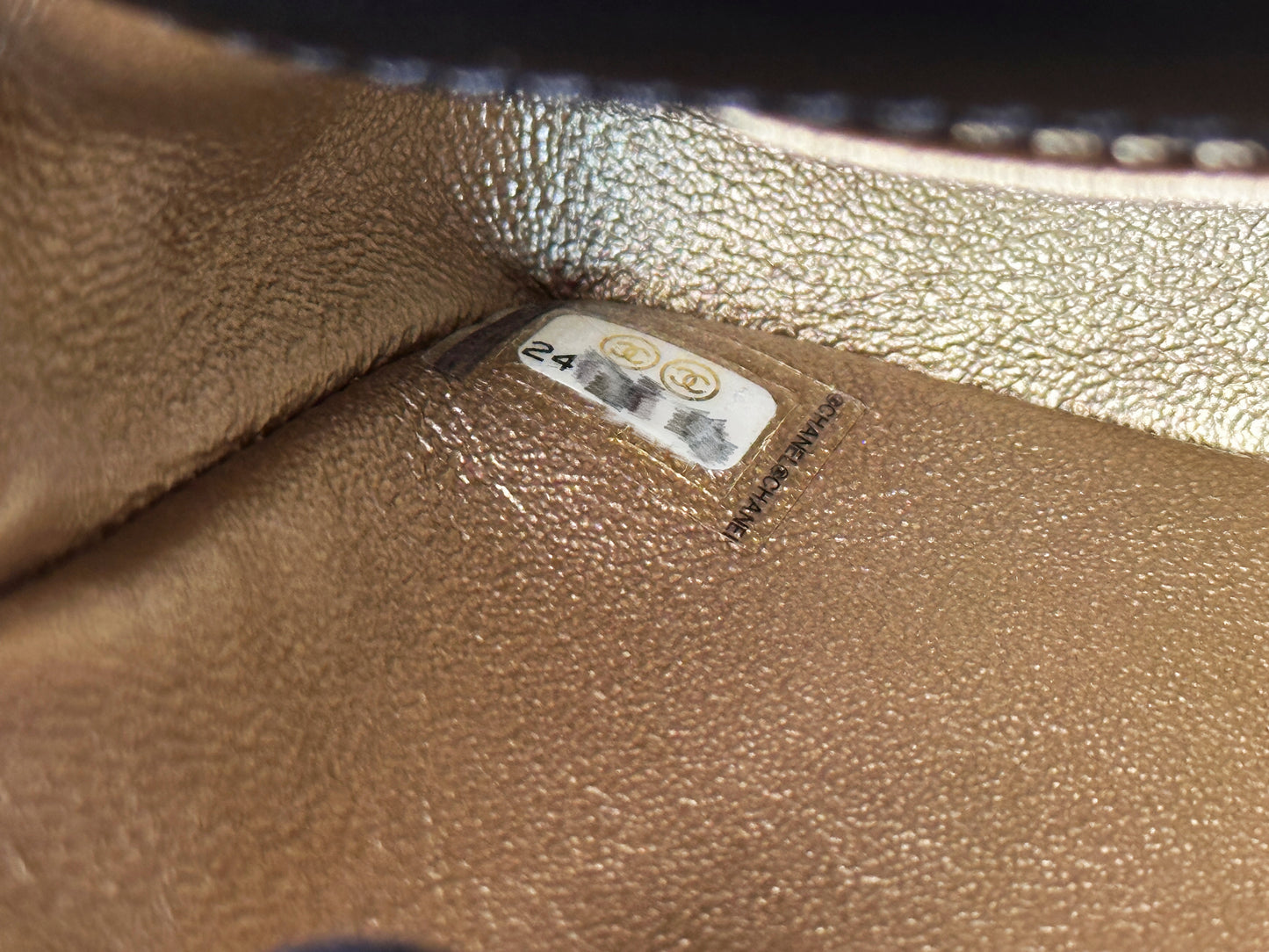 Chanel Mini Metallic Lambskin Quilted Camellia Flap Bag Black Gold 2479 holo card