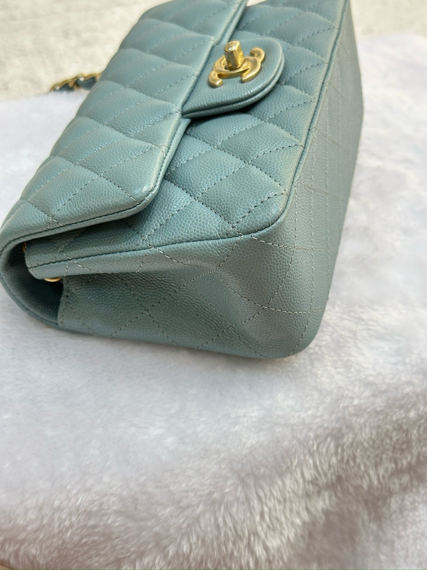 CHANEL Iridescent Caviar Quilted Mini Rectangular Flap Light Blue 18C