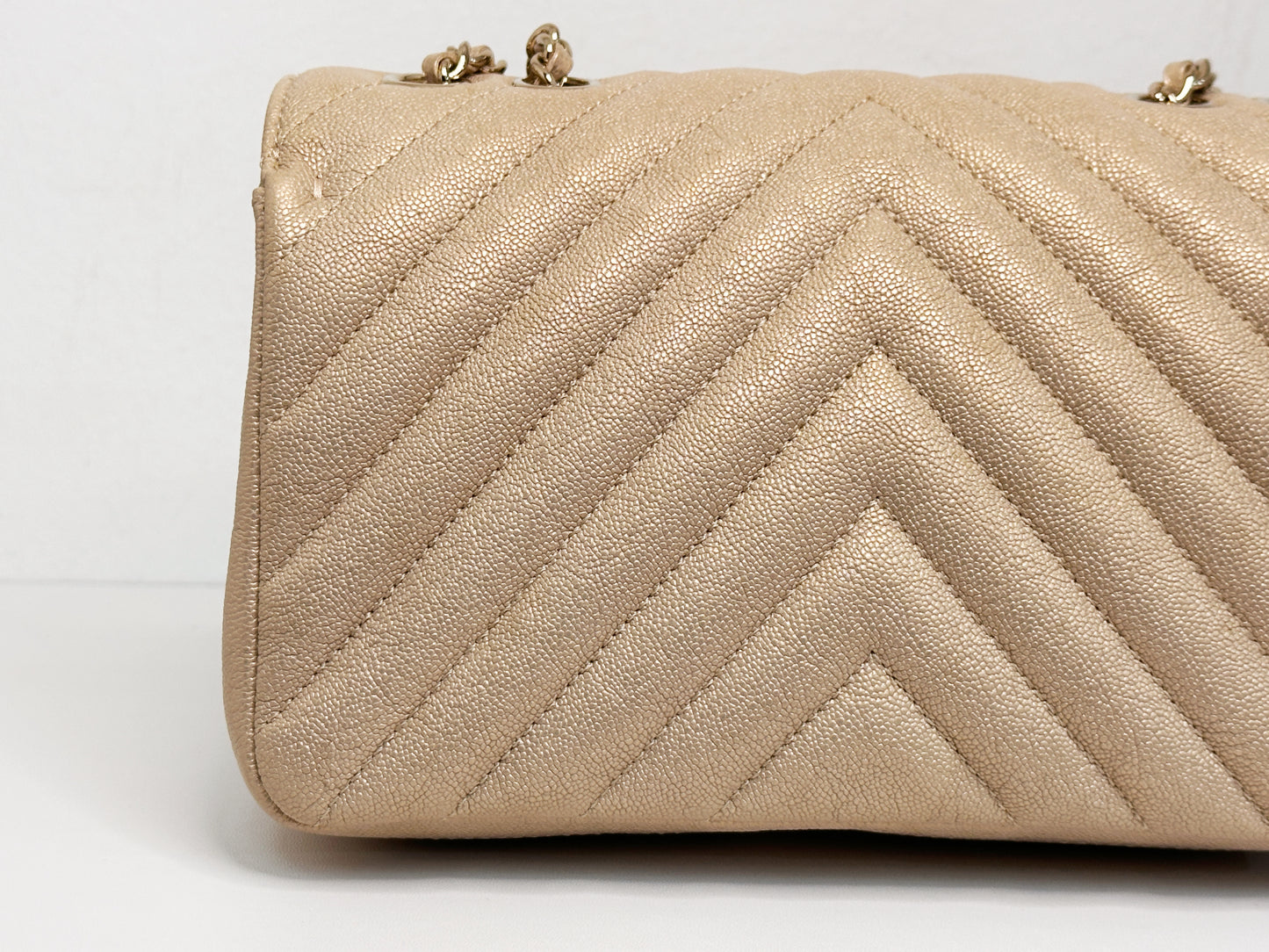 Chanel Mini Statement Metallic Caviar Chevron Quilted Flap Beige LGHW 2835 holo card