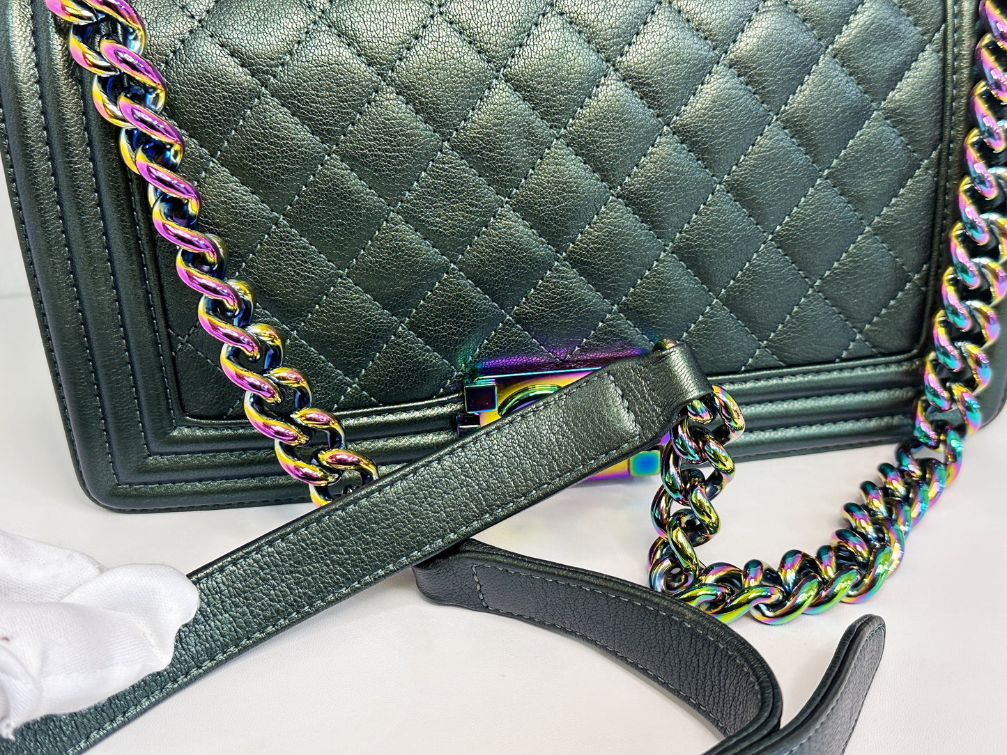 Chanel Iridescent Goatskin Quilted Medium LeBoy Flap Green 2176 holo