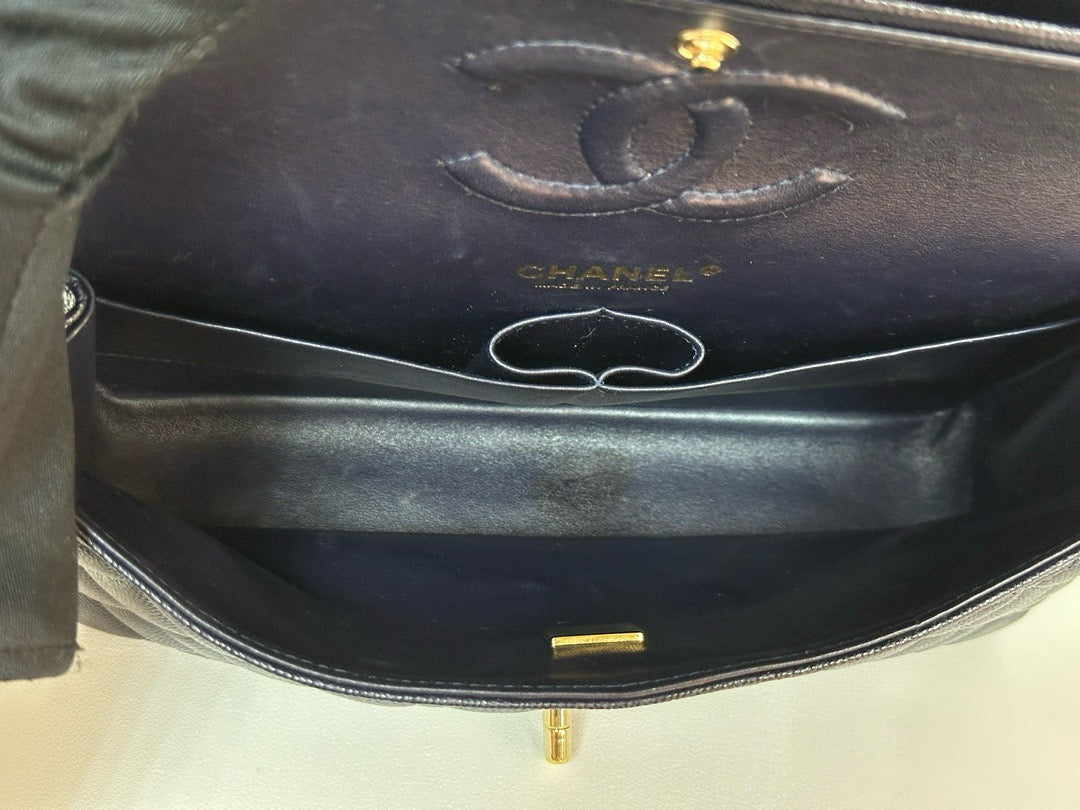 Chanel Medium Classic Caviar Double Flap Navy Blue Bag LSHW 2021year Microchip