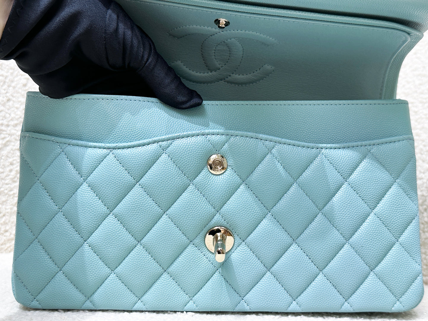 Chanel Classic Flap Medium 20C Tiffany Blue Caviar Light Gold Hardware 294 holo card