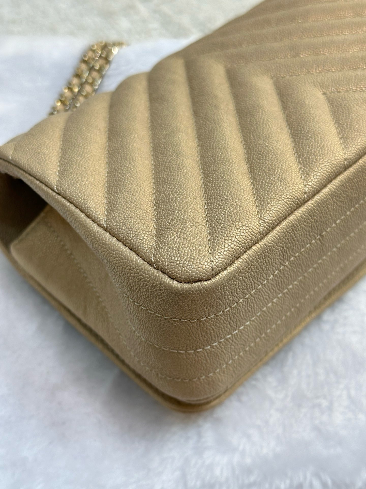 Chanel Mini Statement Metallic Caviar Chevron Quilted Flap Beige LGHW