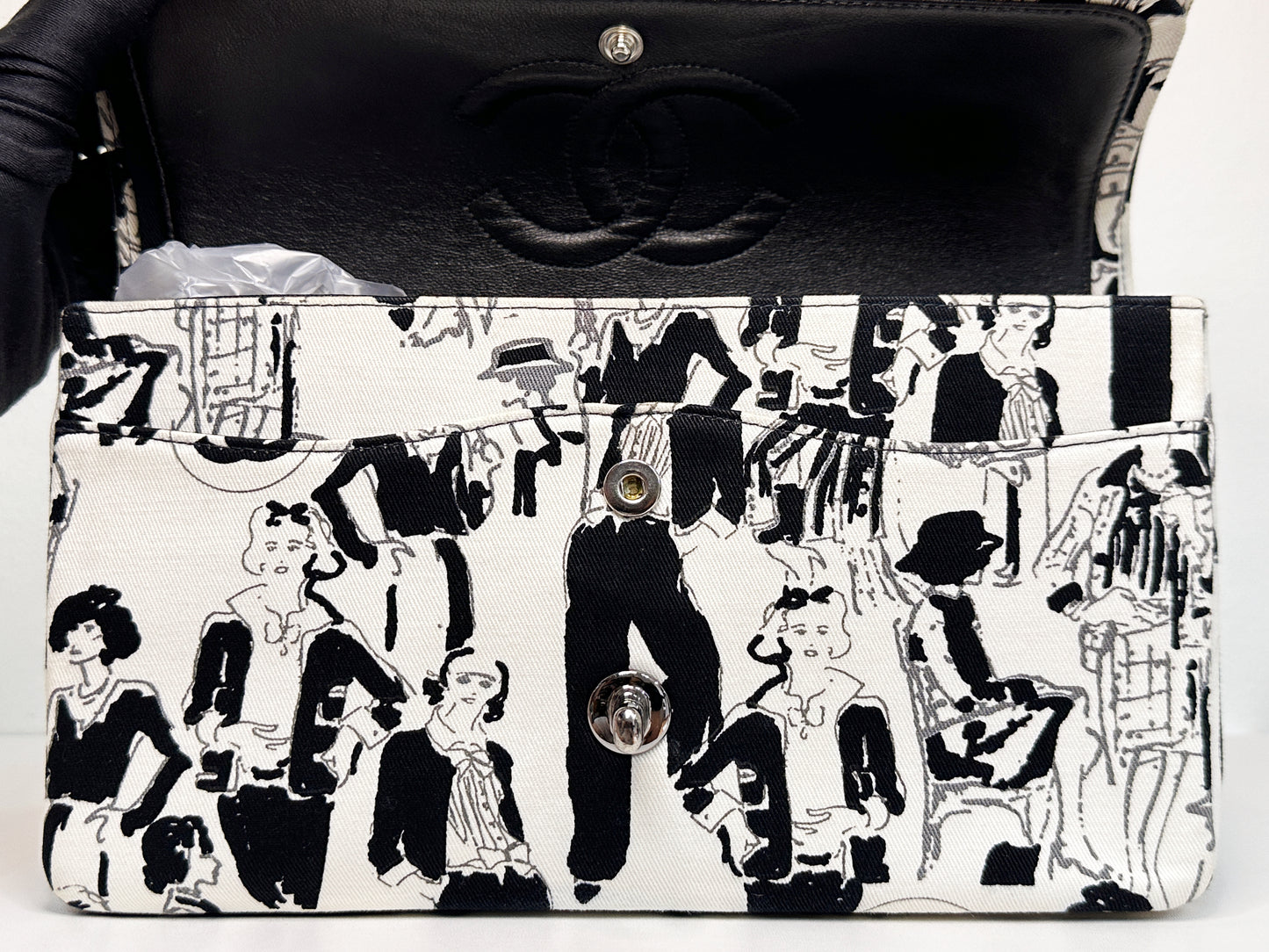 Chanel Canvas Coco Icons Medium Double Flap Bag Black White 827 holo card