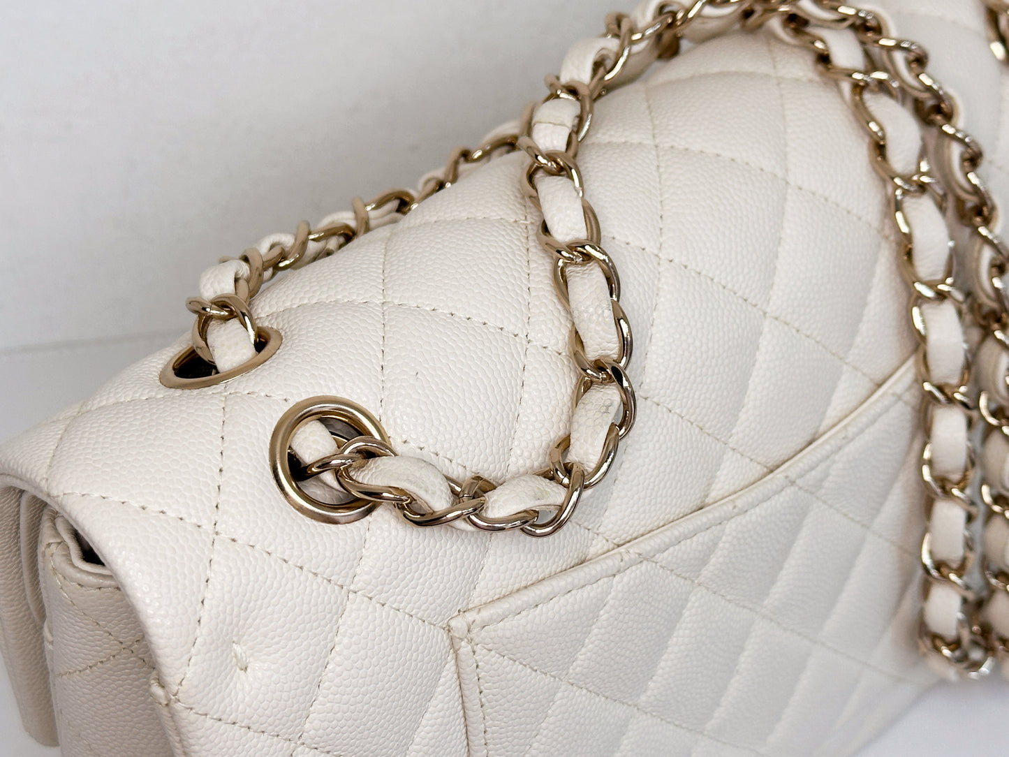 Chanel Medium Caviar Classic Quilted Double Flap White Light Beige Bag LGHW L45J microchip