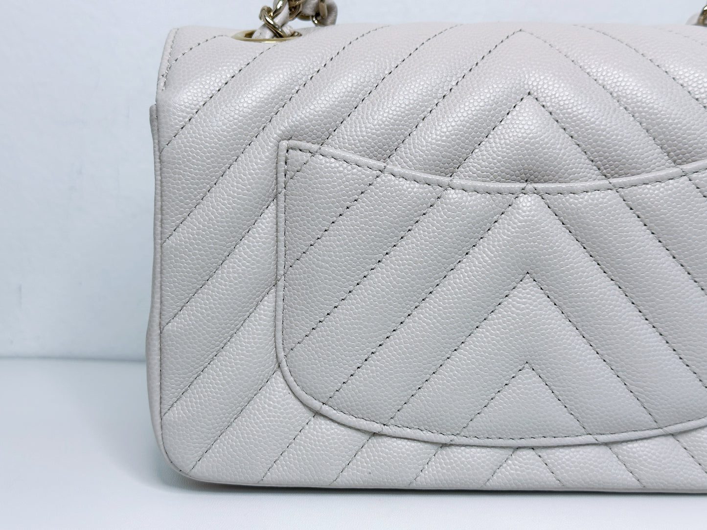 Chanel Mini Rectangle Chevron Blush Hue Light Beige Flap Bag LGHW